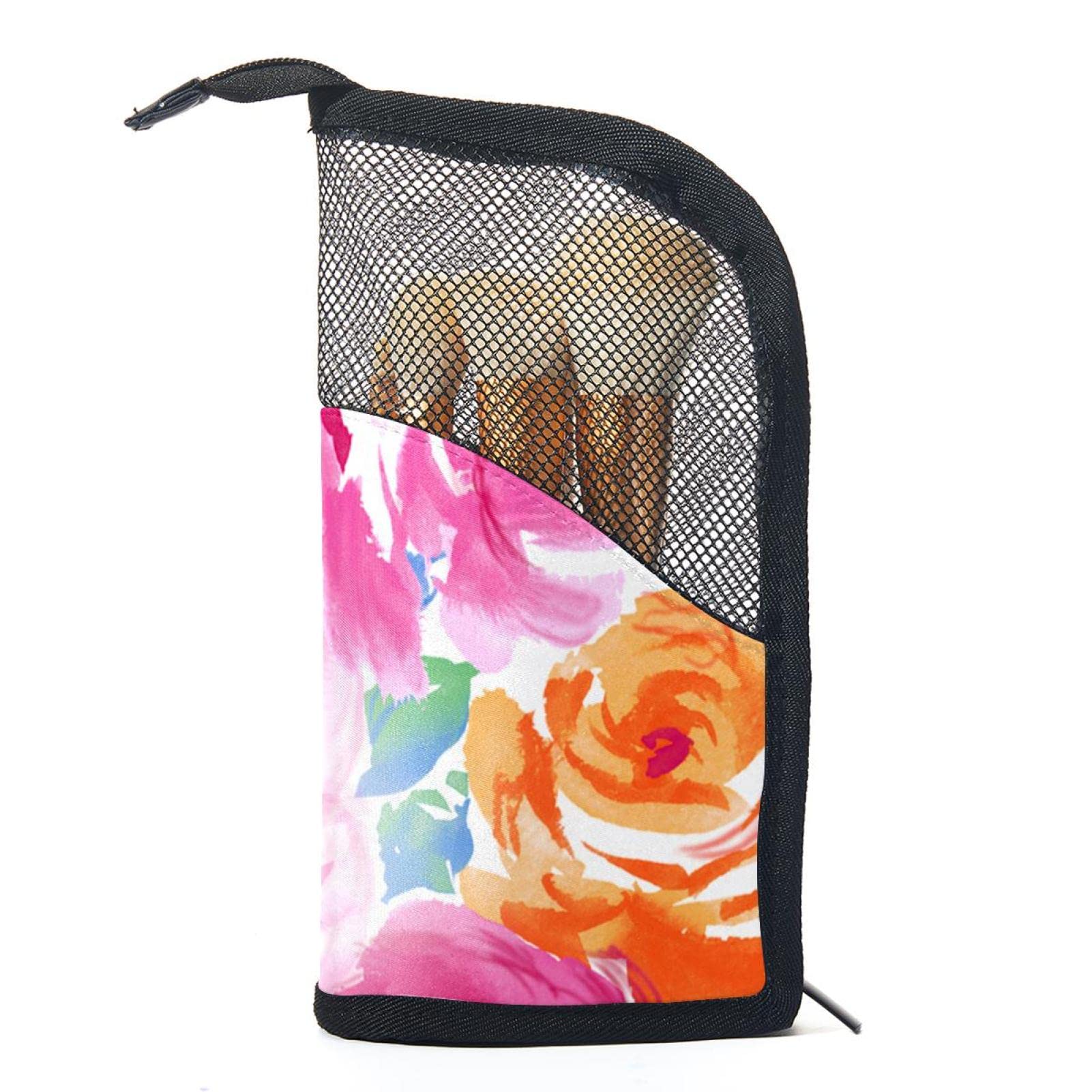12-Piece Makeup Brush Organizer Bag with Watercolor Pink & Yellow Floral Design - Portable Travel Cosmetic Brush Holder Case for Professional & Home Use