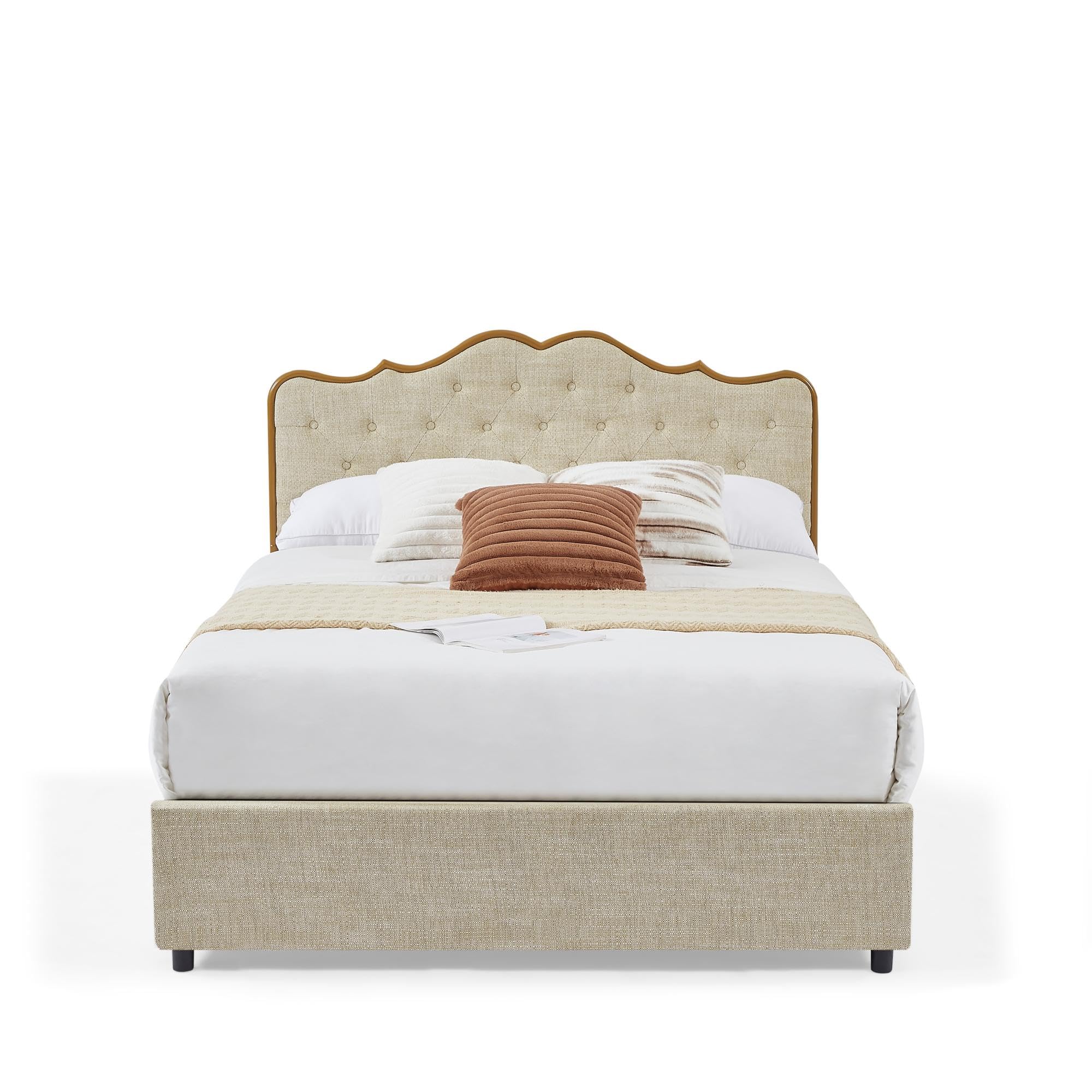 Dolonm Full Size Classic Buckle Platform Bed Frame with 4 Storage Drawers, Metal Frame & Wooden Slats Support - Beige & Yellow Leather Upholstered Headboard - Perfect for Small Bedrooms, Guest Rooms & Dormitories