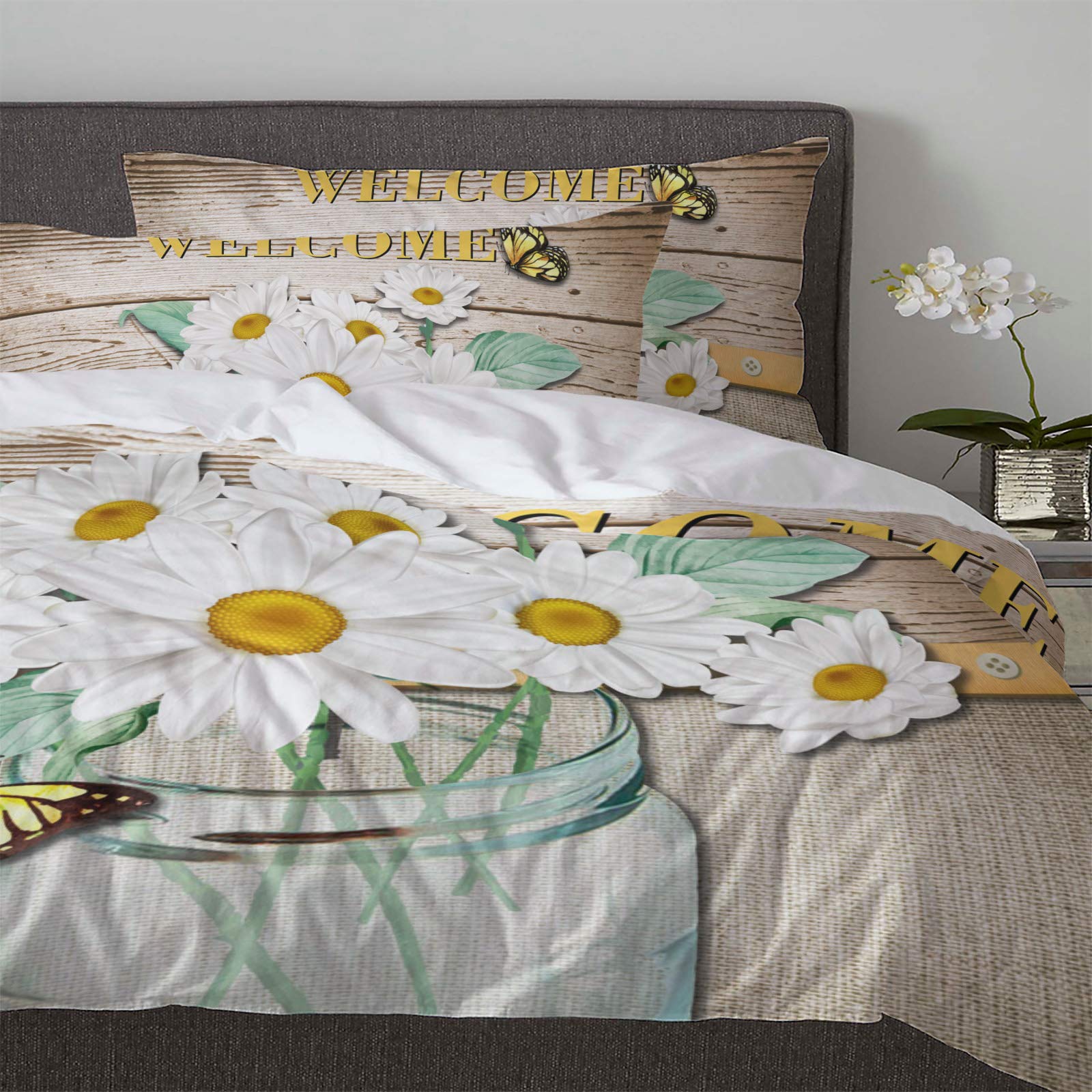 3-Piece Queen Size Duvet Cover Set - Butterfly & Daisy Floral Design on Cotton Linen Woodgrain Background, Ultra Soft Comforter Cover with Corner Ties & 2 Pillow Shams | Perfect for Bedroom Decor, Guest Room, and Cozy Home Styling