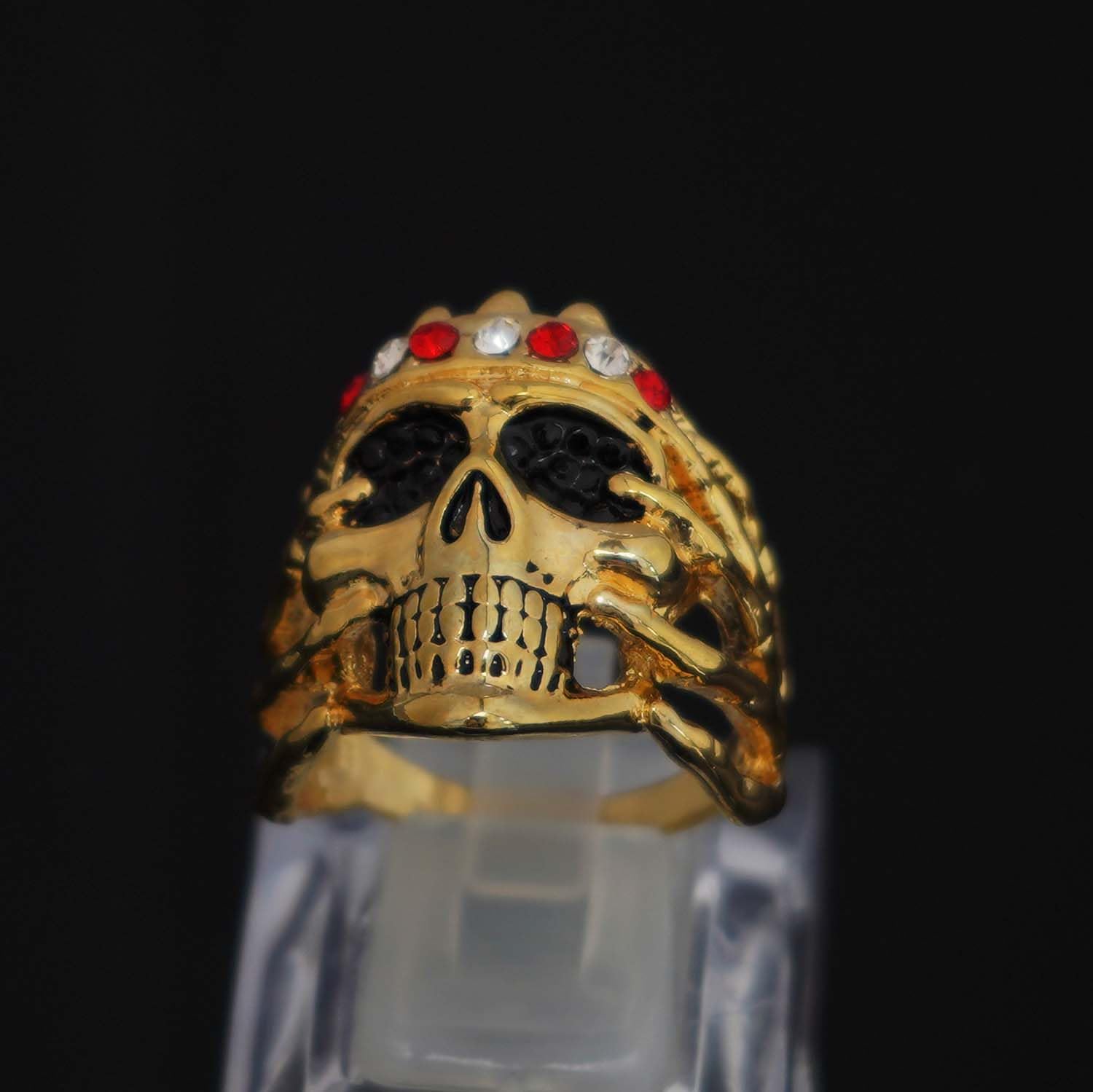 Men's Gothic Skull Head Ring with CZ Crown - Punk Jewelry for Halloween, Biker, Cocktail Party & Vintage Style Fashion Accessories