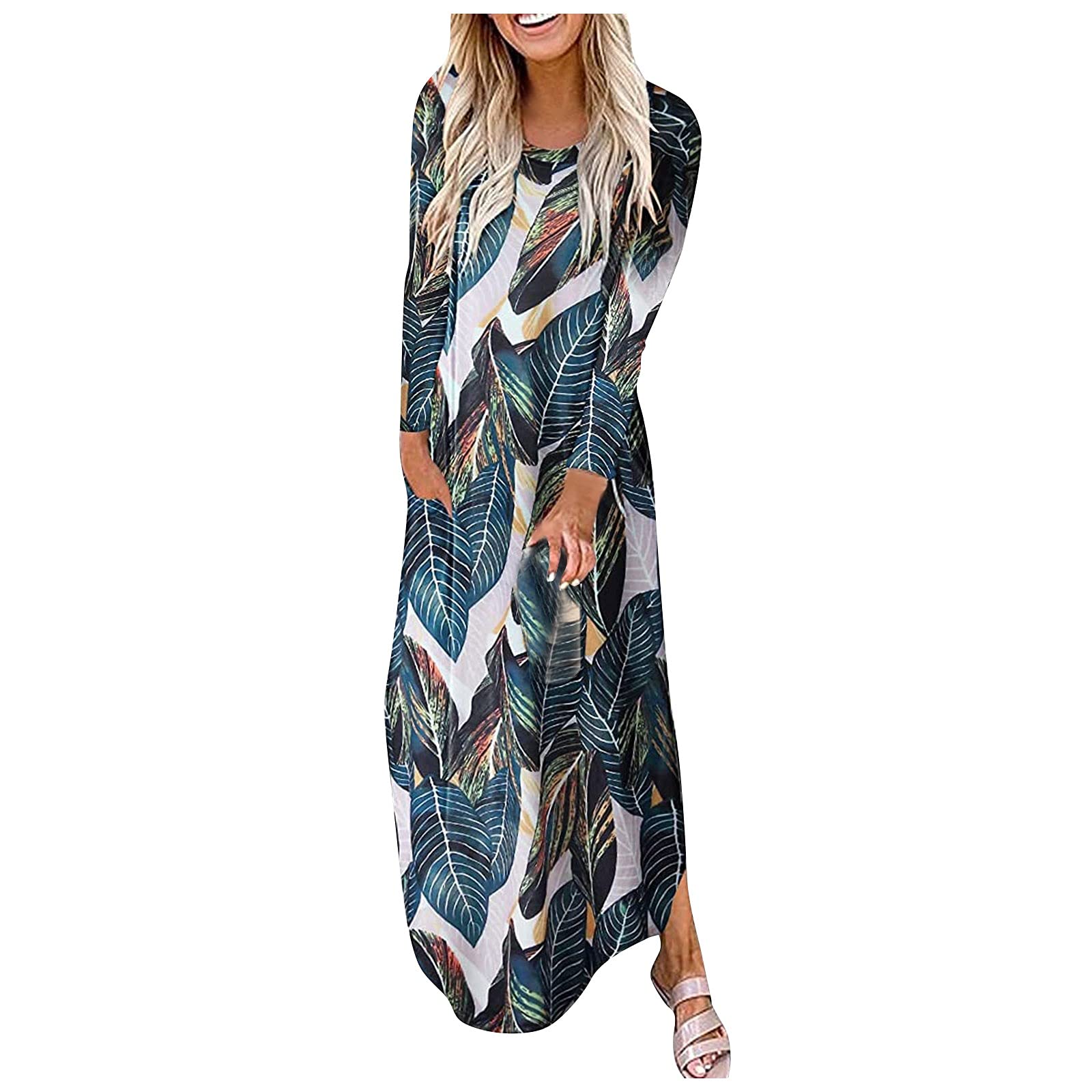 HAOREEKZ Women's Cute Fall Dresses - Casual Long Sleeve Printed Maxi Dress with Pockets, Round Neck & Slit Design | Perfect for Beach, Vacation & Everyday Wear