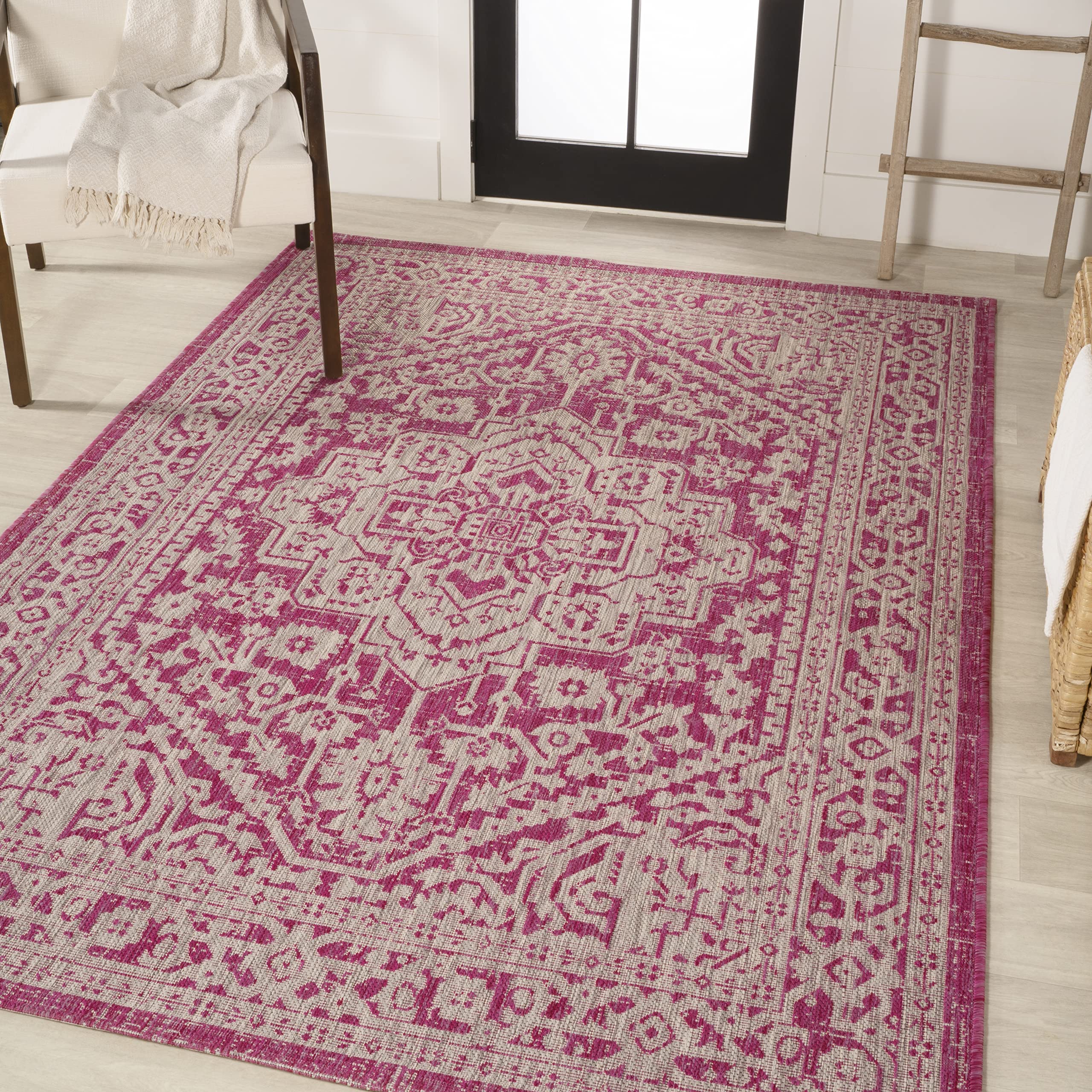 JONATHAN Y SMB101G-9 Sinjuri Medallion Textured Weave Indoor/Outdoor Area Rug - Bohemian Traditional Transitional Design, Easy-Cleaning Non-Shedding 9x12 Feet, Fuchsia & Light Gray - Perfect for Bedroom, Kitchen, Backyard, Patio & Living Room Decor