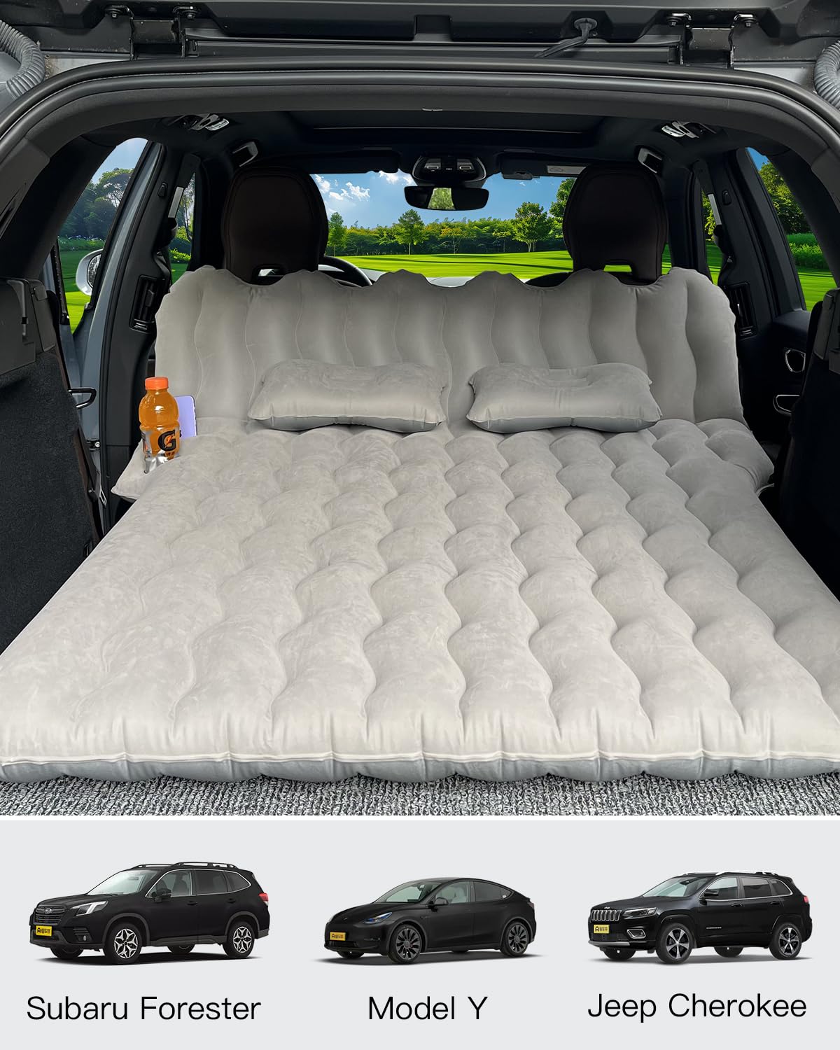 **SUV Air Mattress with Cup & Phone Holder - Flocked-Top Car Mattress with 2 Air Pillows & Electric Air Pump - Perfect for Camping, Travel, Road Trips & Car Sleeping (Black)**    *Ideal for outdoor adventures, family road trips, and overnight stays in your SUV or car.*