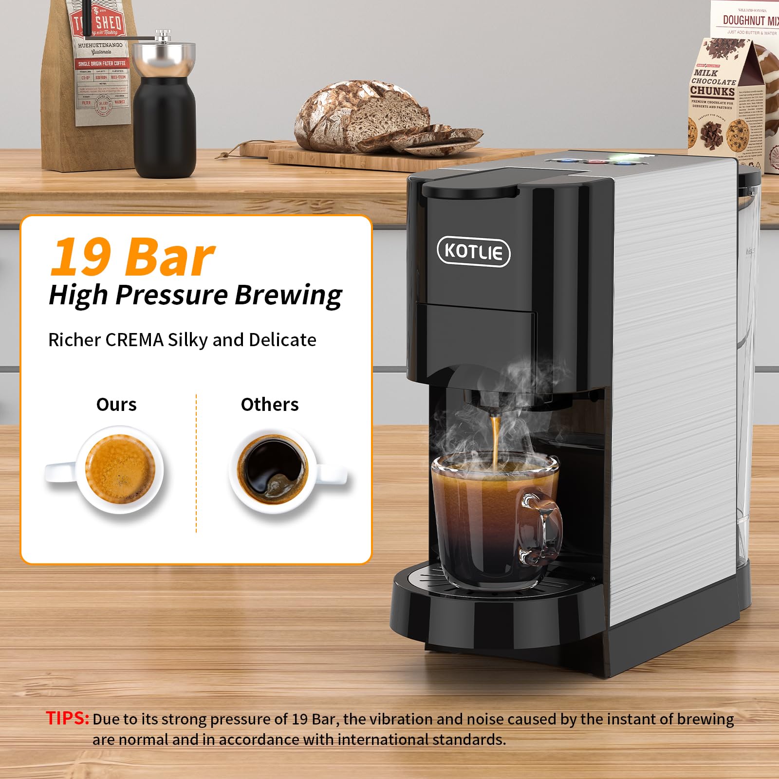 KOTLIE 19Bar High Pressure Single Serve Coffee Maker - 5-in-1 Multifunction Machine Compatible with NES* Original/Dolce Gusto/K-Cup/Ground Coffee/illy 44mm ESE Pods | Hot & Cold Brew | 7 Water Levels (AC-513HF) | Perfect for Home, Office or Small Business Use