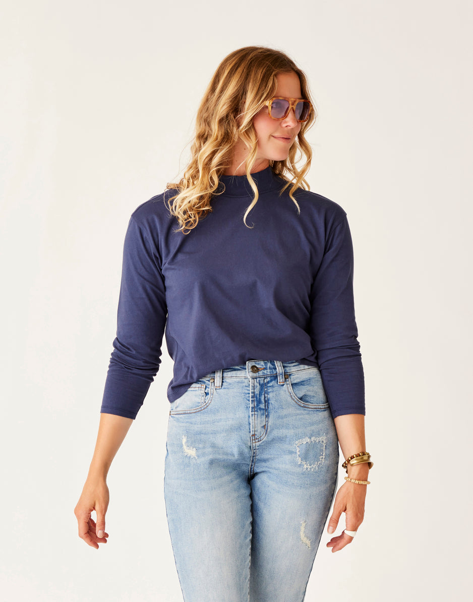 Bray Mockneck Top for Women - Navy Blue Long Sleeve Turtleneck Shirt | Casual Winter Layering & Office Wear