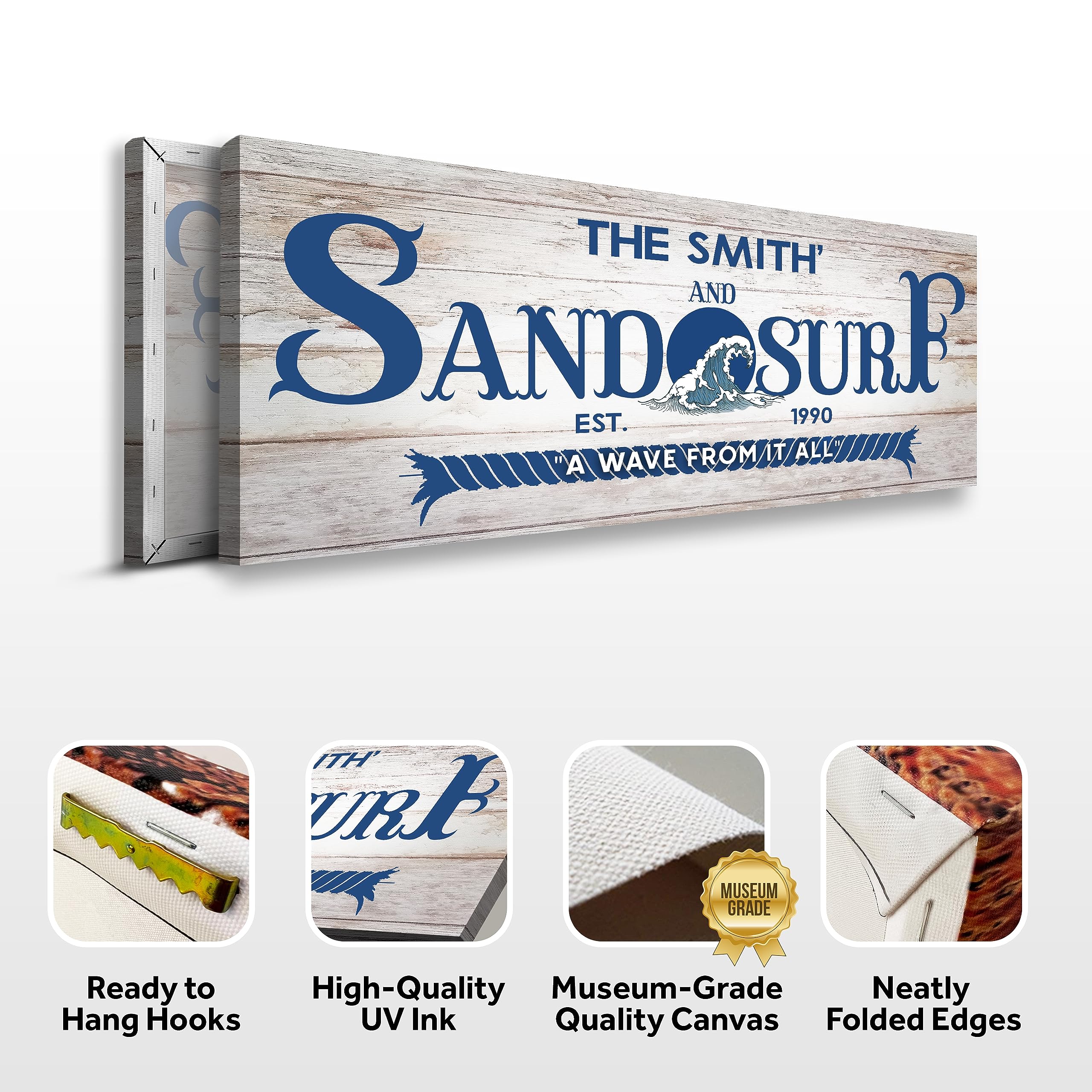 Personalized Coastal Beach Sign Wall Decor - Large Rustic White Wood Canvas Art for Home, Living Room, Bedroom & Porch - 36x12 Inch Sand & Surf Ocean Theme - Perfect for Beach House Decor, Coastal Interior Design & Nautical Gift Ideas