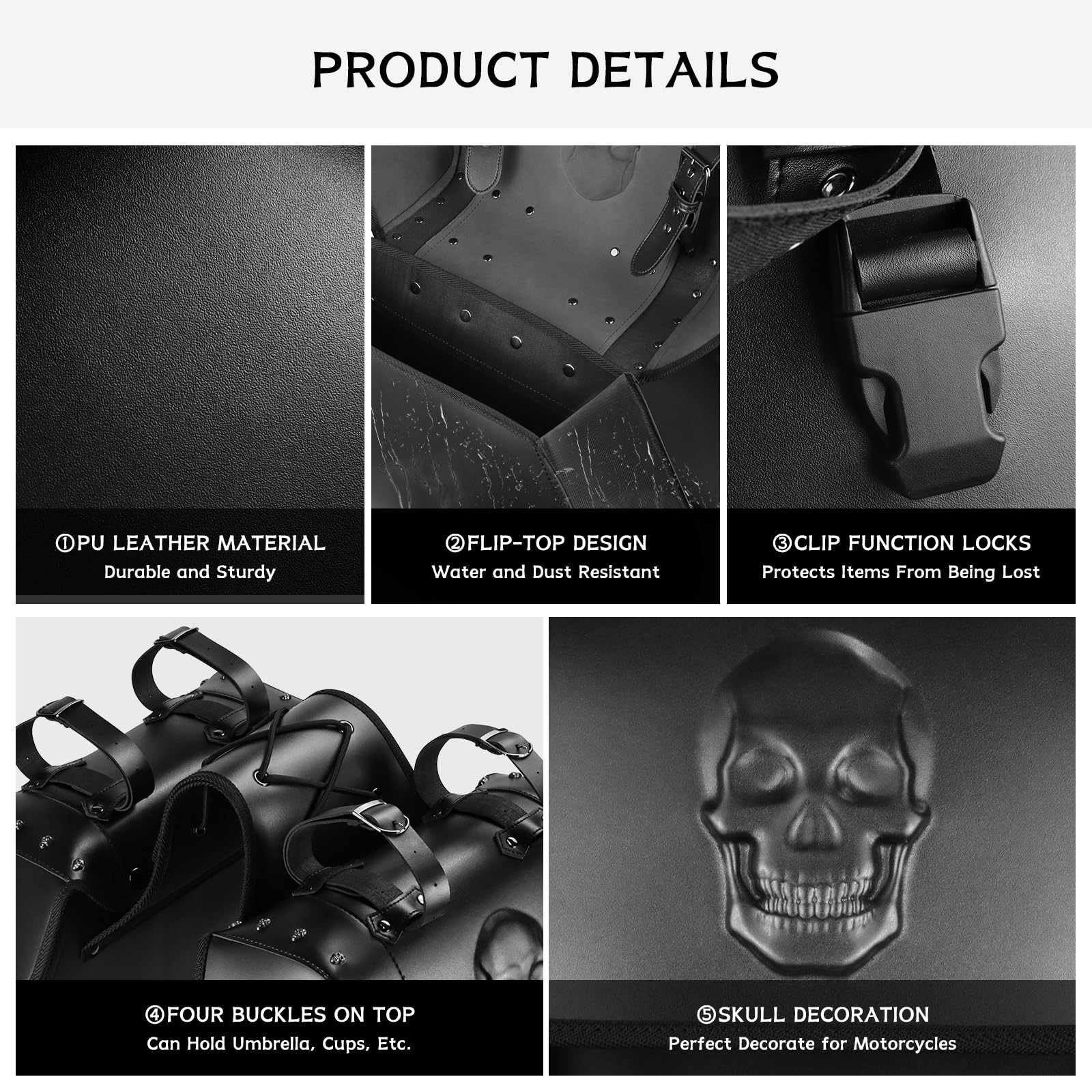 34L Large Capacity Waterproof Motorcycle Saddlebags - PU Leather Side Bags for Harley, Honda, Yamaha, Kawasaki (3D Skull Design, Black) | Perfect for Long Rides, Road Trips & Daily Commuting