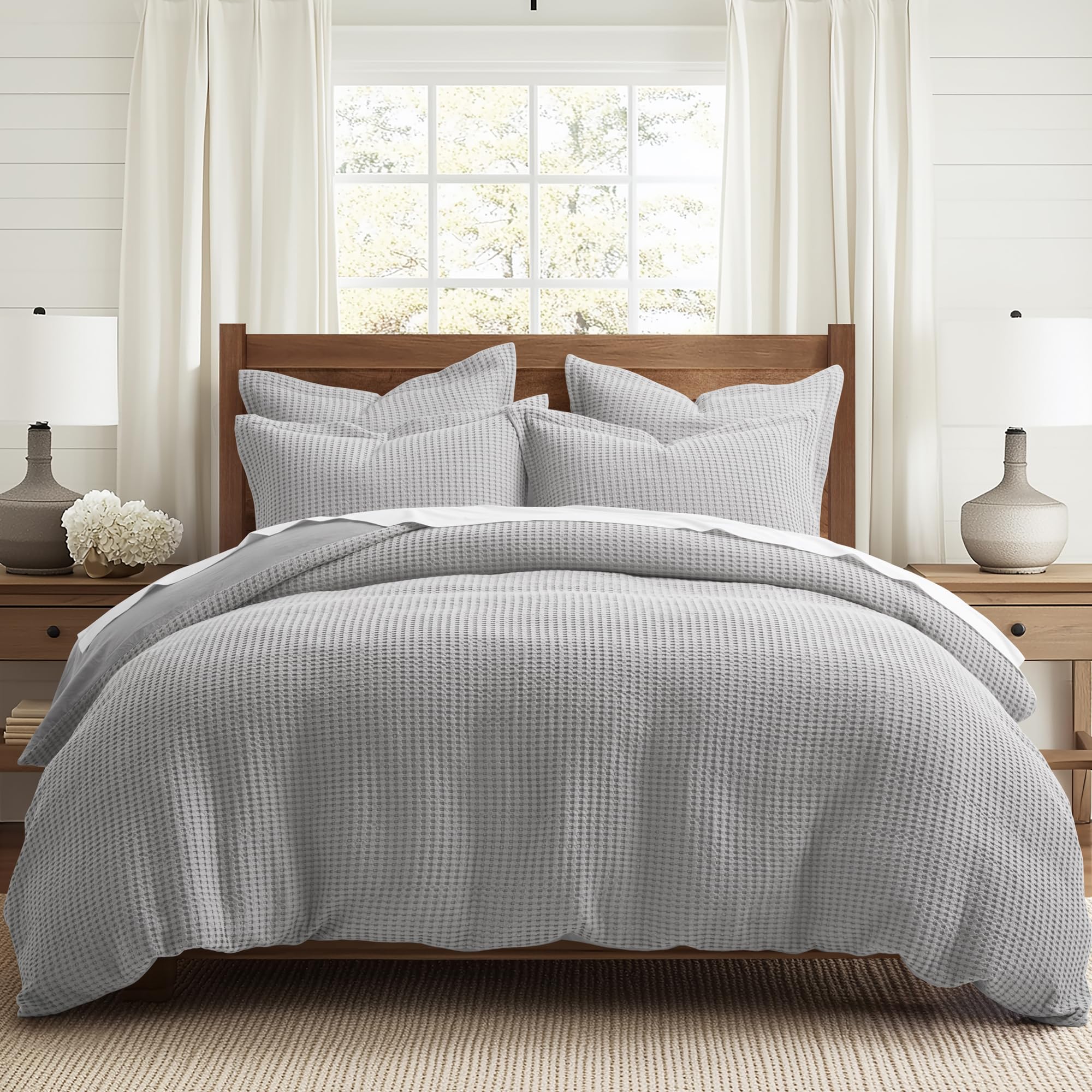 Levtex Home Mills Waffle Grey Pewter Duvet Cover Set - Full/Queen Size (90