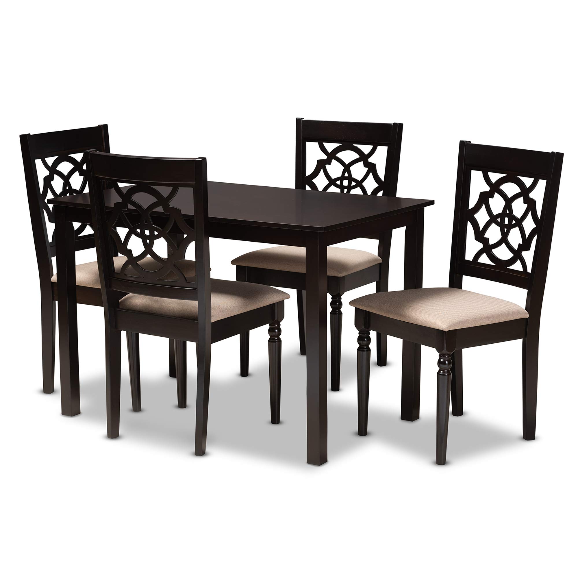Baxton Studio Renaud 5-Piece Wood Dining Set with Sand Fabric Upholstery & Espresso Brown Finish - Perfect for Small Spaces, Apartments, and Cozy Family Dinners
