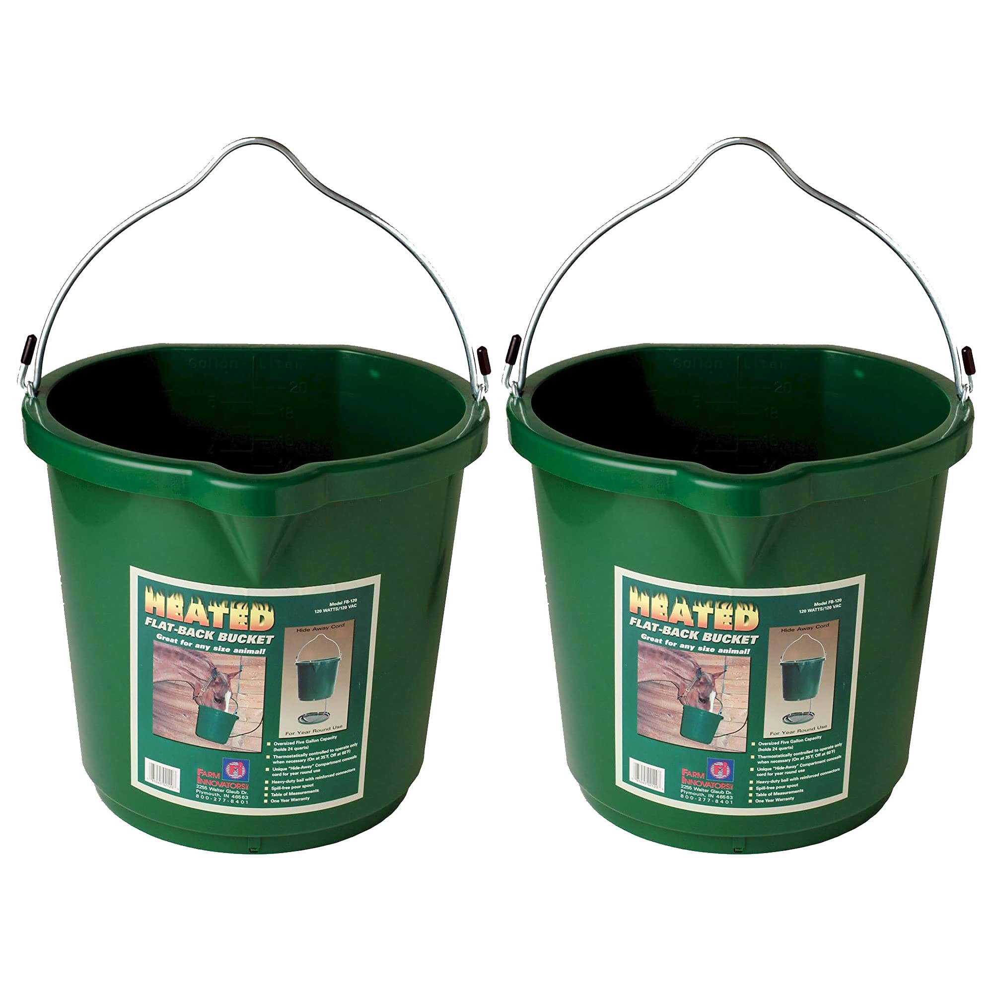 Farm Innovators FB-120 24 Quart Heated Plastic Bucket with Metal Handle - Thermostat Controlled, Hidden Cord Storage, 120W (2 Pack) for Livestock Watering in Winter & Outdoor Animal Care