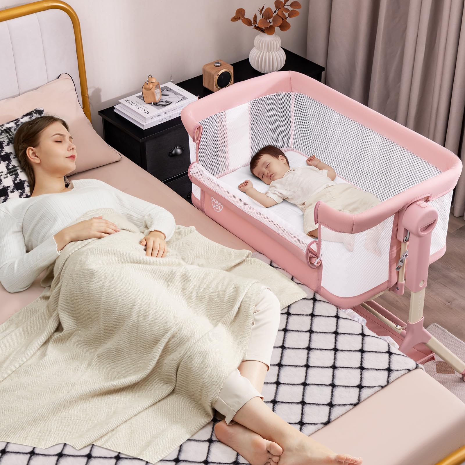 BABY JOY 3-in-1 Rocking Bassinet with Storage Basket | Adjustable Height Baby Bedside Sleeper with Universal Wheels, Mattress & Portable Bag | Nursery, Bedroom & Travel Use (Pink)