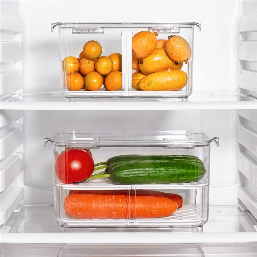 SANNO Airtight Vegetable & Fruit Storage Containers for Fridge - BPA-Free Food Storage Bins with Lids & Removable Drain Tray - Stackable Refrigerator Organizer Drawers for Fresh Produce - Perfect for Kitchen, Pantry & Meal Prep Organization