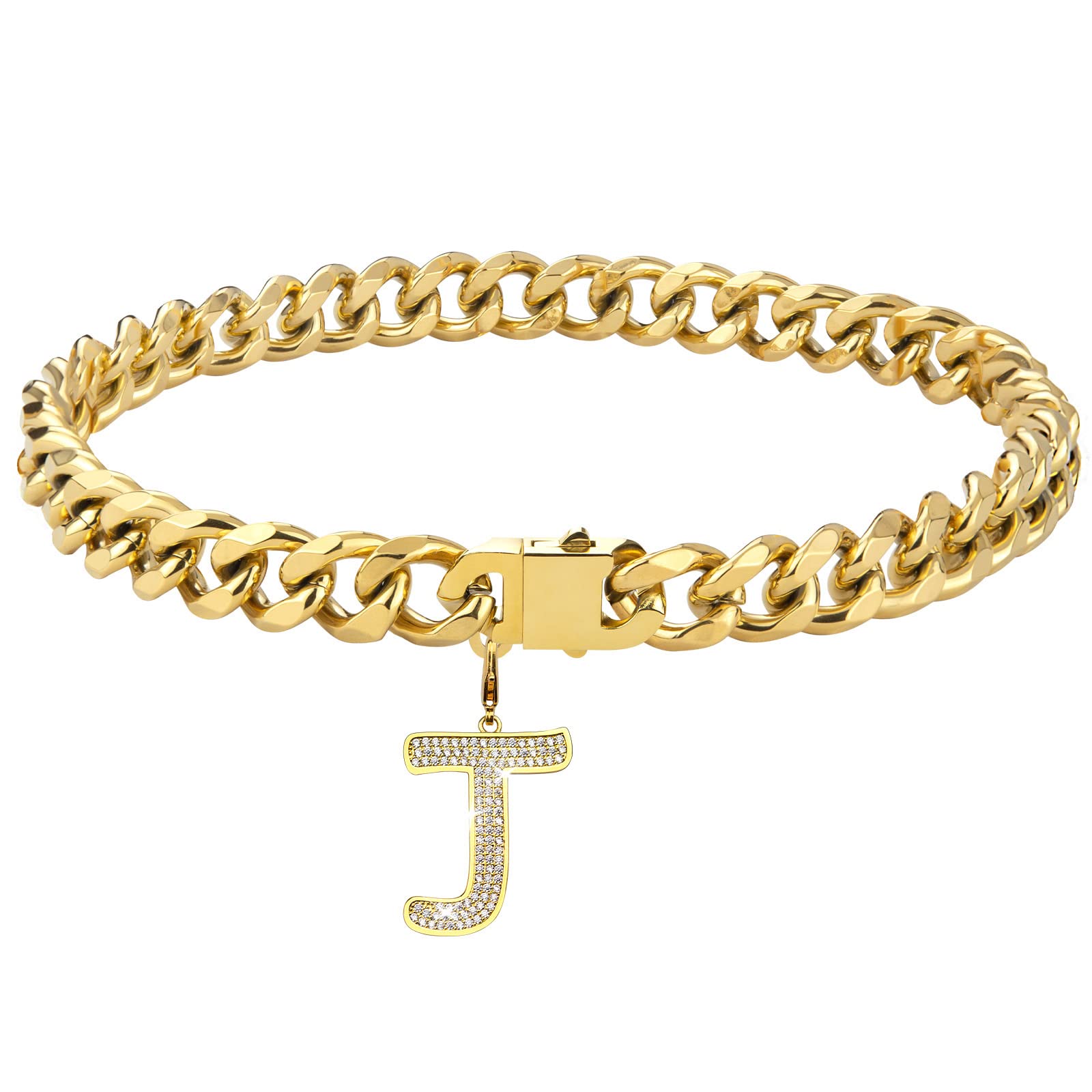 Personalized Gold Chain Dog Collar with Bling Zircons - Heavy Duty Chew Proof Cuban Link Necklace for Medium & Large Dogs (Letter J, 22IN) - Perfect for Pet Fashion & Special Occasions