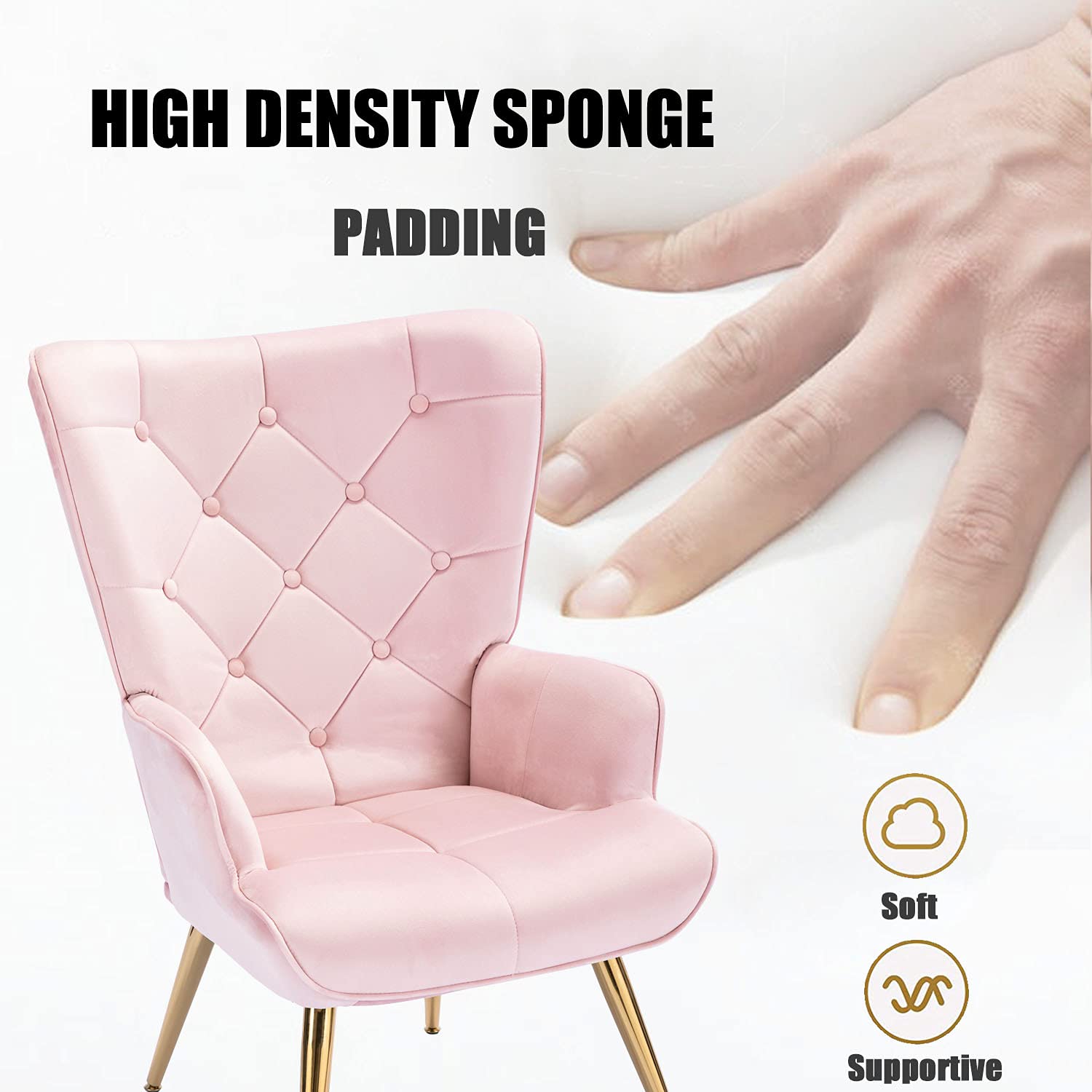 Luxury Velvet Accent Chair with Button Tufted Backrest & Golden Legs - Pink Modern Lounge Chair for Living Room, Bedroom or Office - Comfortable Armchair with Included Pillow for Home Decor & Relaxation