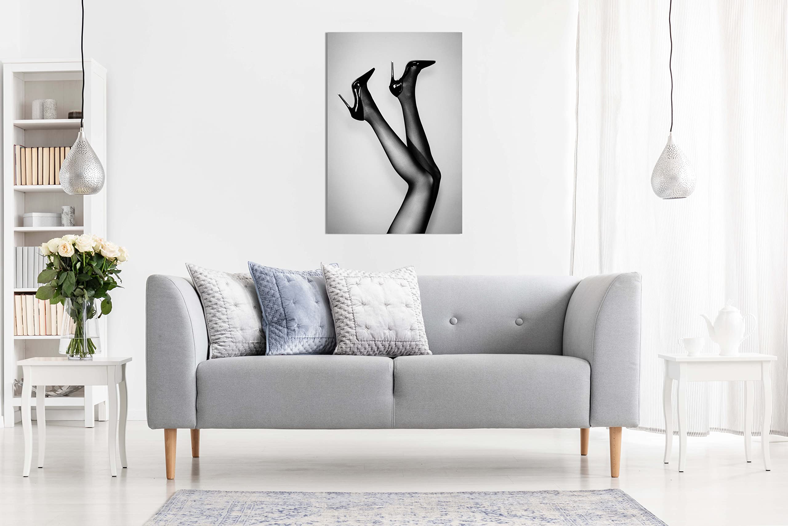 Panther Print Black & White Fine Art Canvas - Elegant Woman in High Heels Framed Wall Decor (12x8 inches) for Living Room, Bedroom & Bathroom - Modern Home & Office Artwork