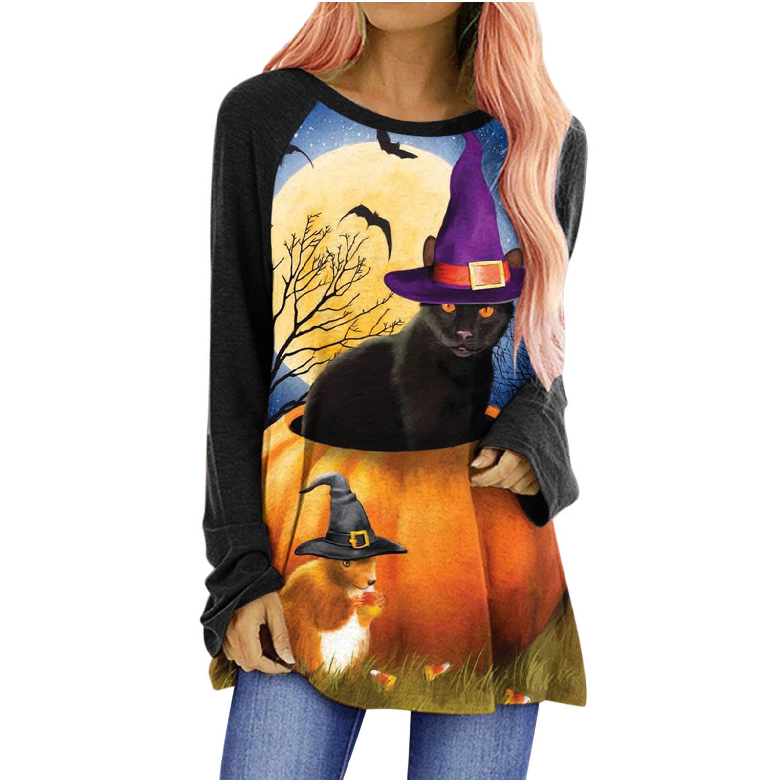 Halloween Shirts for Women - Trendy Pattern Print Casual Loose Fit Pullover Tops, Long Sleeve Crewneck T-Shirts | Perfect for Halloween Parties, Costume Contests & Spooky Season Outfits
