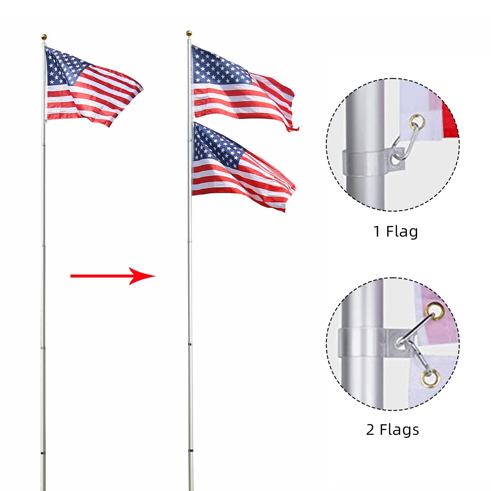 GARVEE 25Ft Aluminum Telescoping Flag Pole Kit with 3x5 USA Flag - Heavy Duty Silver Outdoor Flagpole for Front Yard, Garden, and Patriotic Display