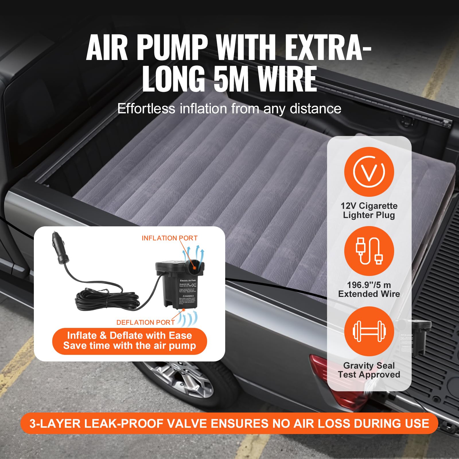 VEVOR Truck Bed Air Mattress for 5.5-5.8 ft Short Truck Beds - Inflatable Camping Mattress with 12V Air Pump, 2 Pillows & Carry Bag | Fits Silverado, RAM, F150, Sierra, Titan, Tundra | Perfect for Road Trips, Camping & Outdoor Adventures