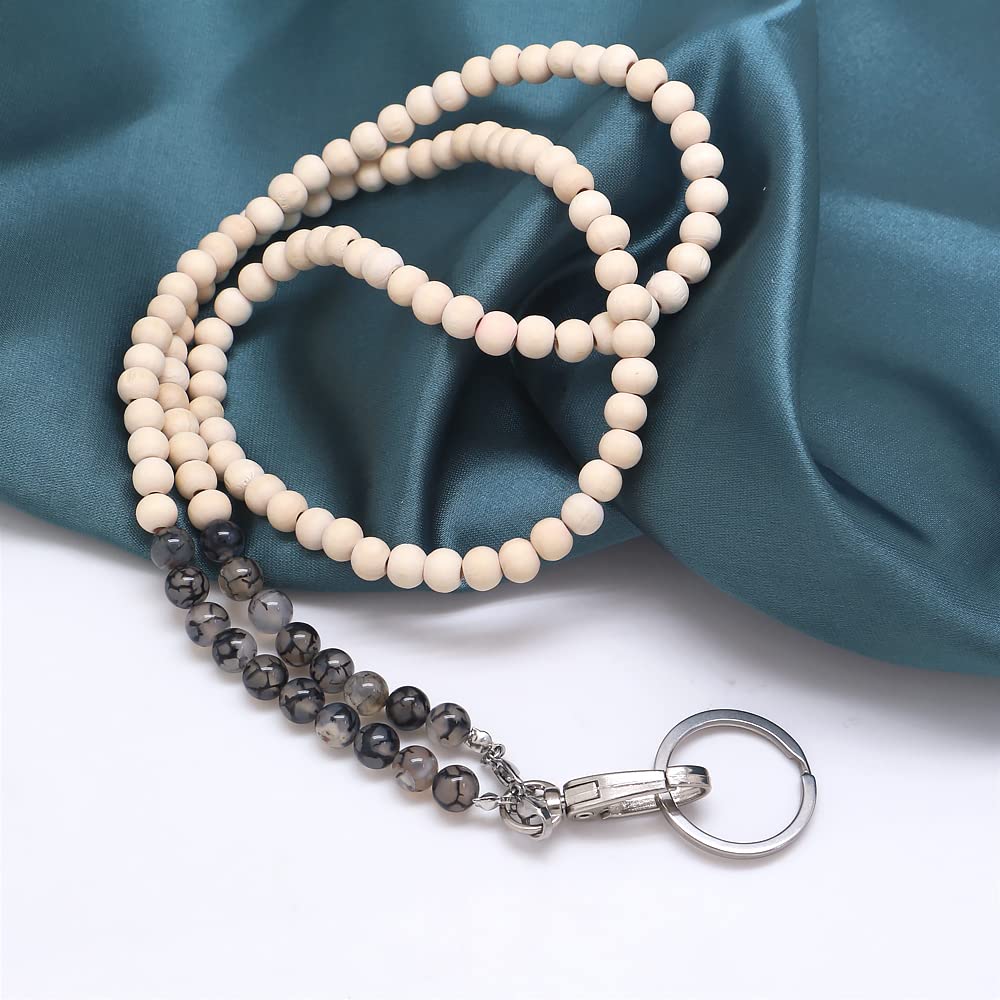 Wooden Beaded Lanyard for ID Badges & Keys - Black Dragon Vein Stone - Office & Event Use