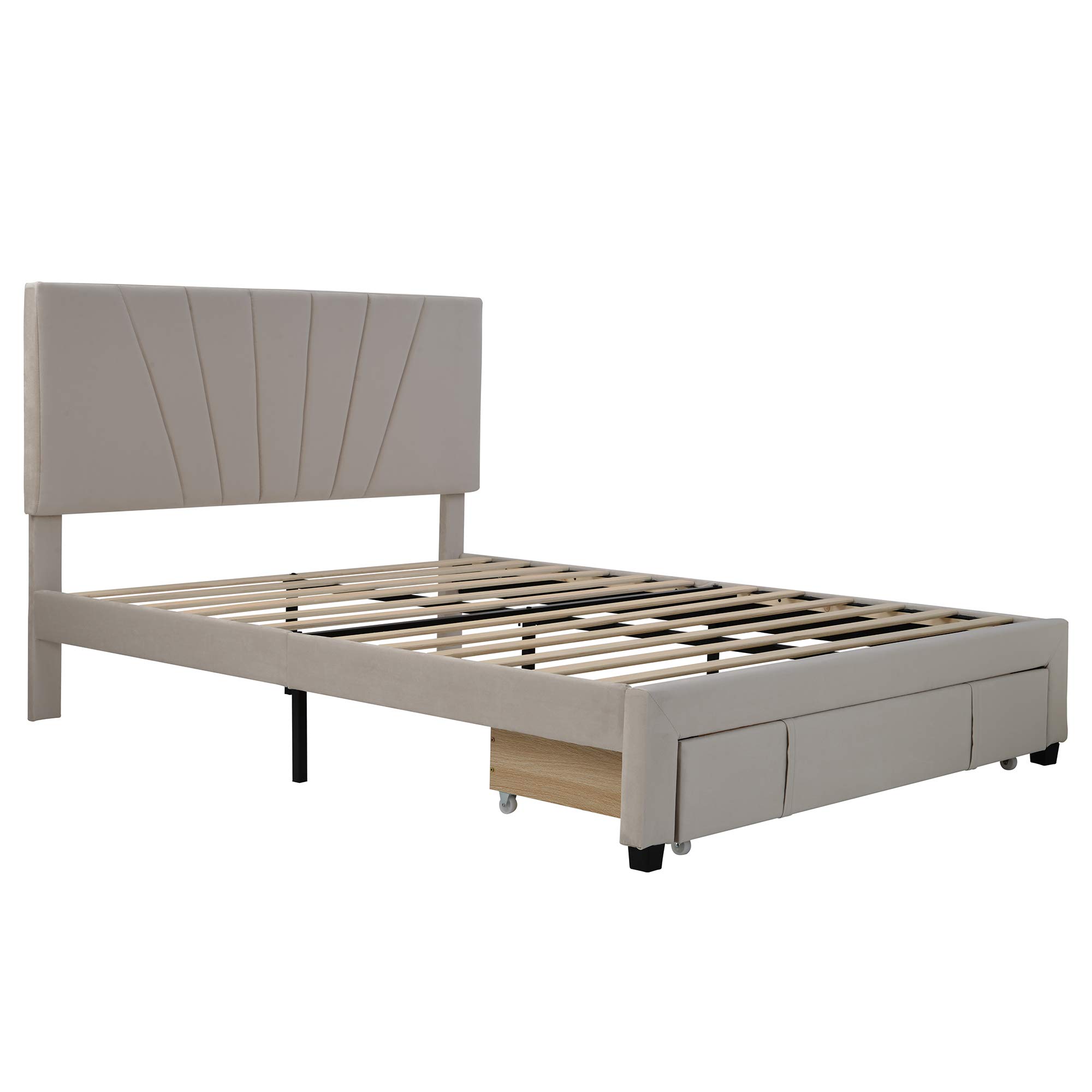 P PURLOVE Queen Size Velvet Upholstered Storage Platform Bed Frame with Large Drawer - Beige Luxury Bedroom Furniture for Modern Home Decor