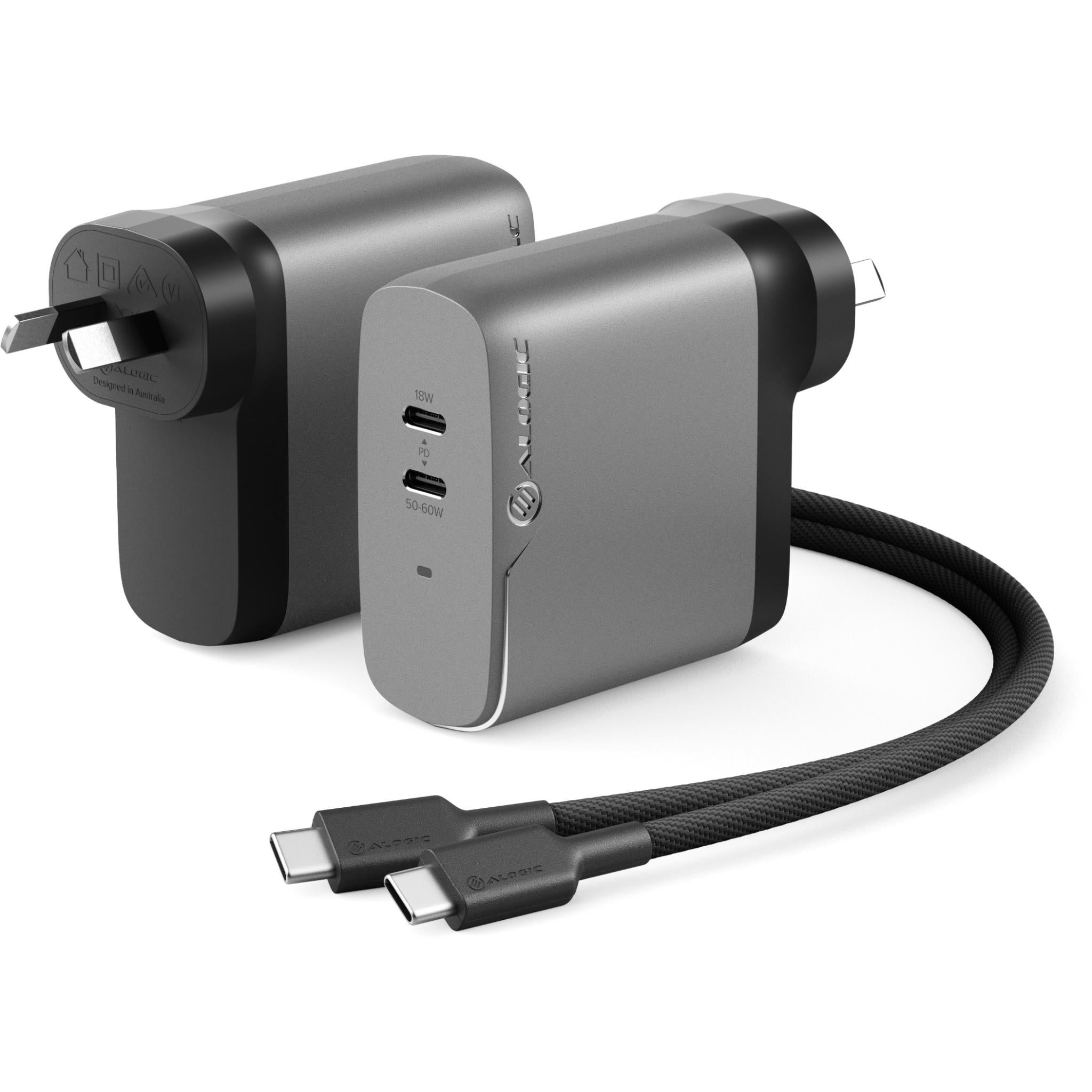 ALOGIC 68W GaN Fast Charger with 2 Ports - Space Grey | Compact & Powerful USB-C Charger for MacBook, iPhone, iPad | Perfect for Travel, Office & Home Use
