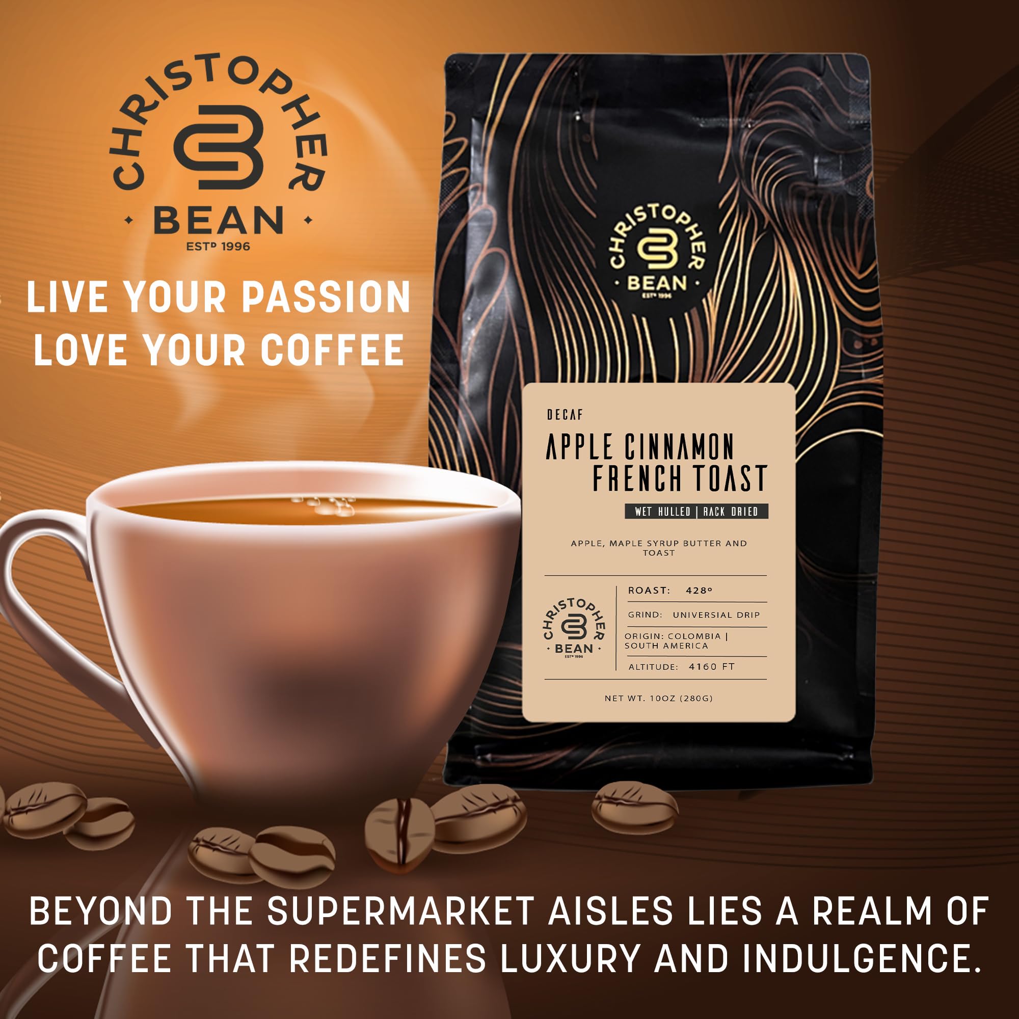 Premium Christopher Decaf Ground Coffee - Apple Cinnamon French Toast Flavored, 100% Arabica, Medium Roast | Sugar-Free, Non-GMO, No Fats | Perfect for Relaxing After Dinner, Morning Brew, or Office Break | 10-Ounce Bag