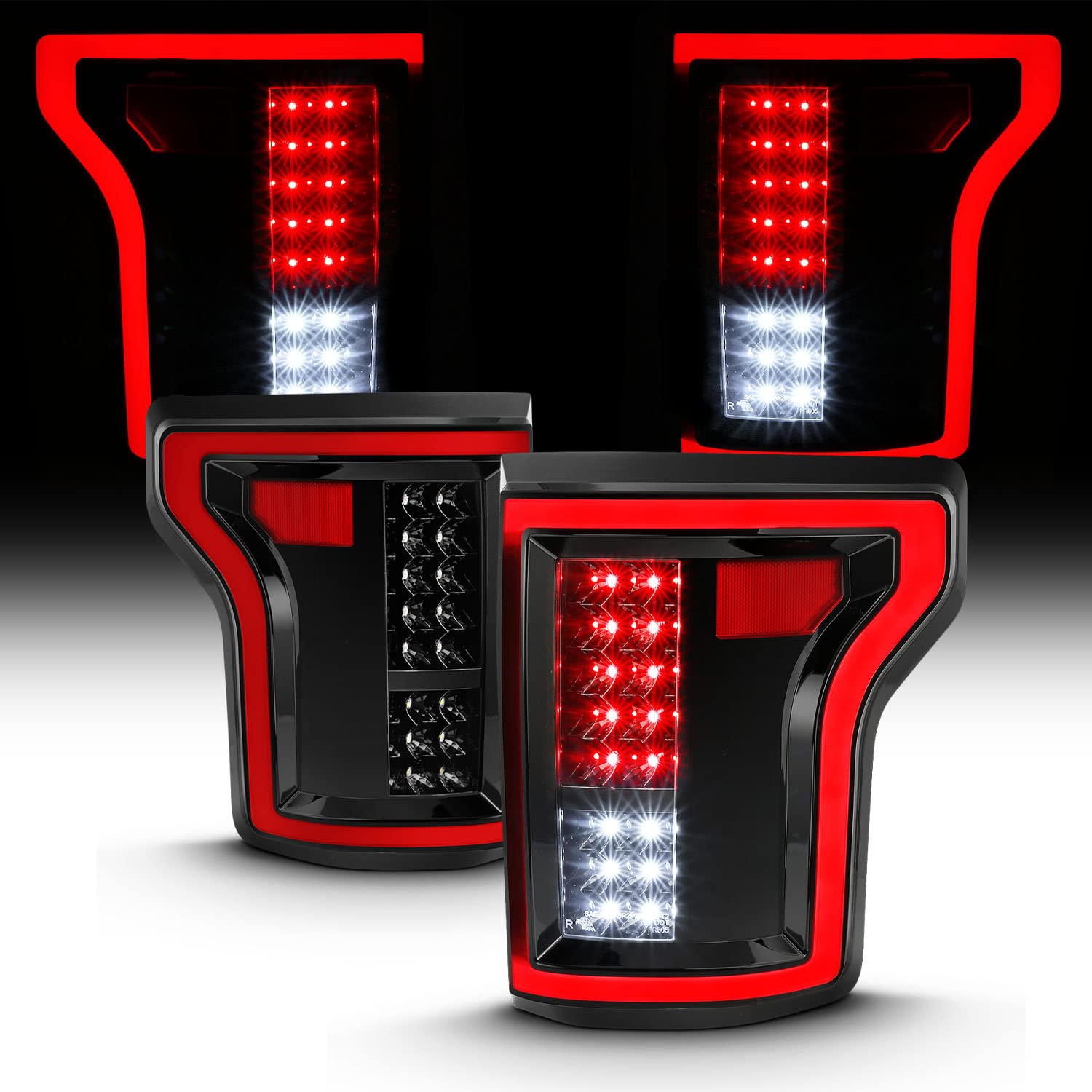 2015-2017 Ford F150 LED Tail Lights - AmeriLite 3D C-Type Dark Black Tube Style Full LED Tail Light Assembly Pair (Driver & Passenger Side) | Enhanced Night Visibility & Modern Look for Your Pickup Truck