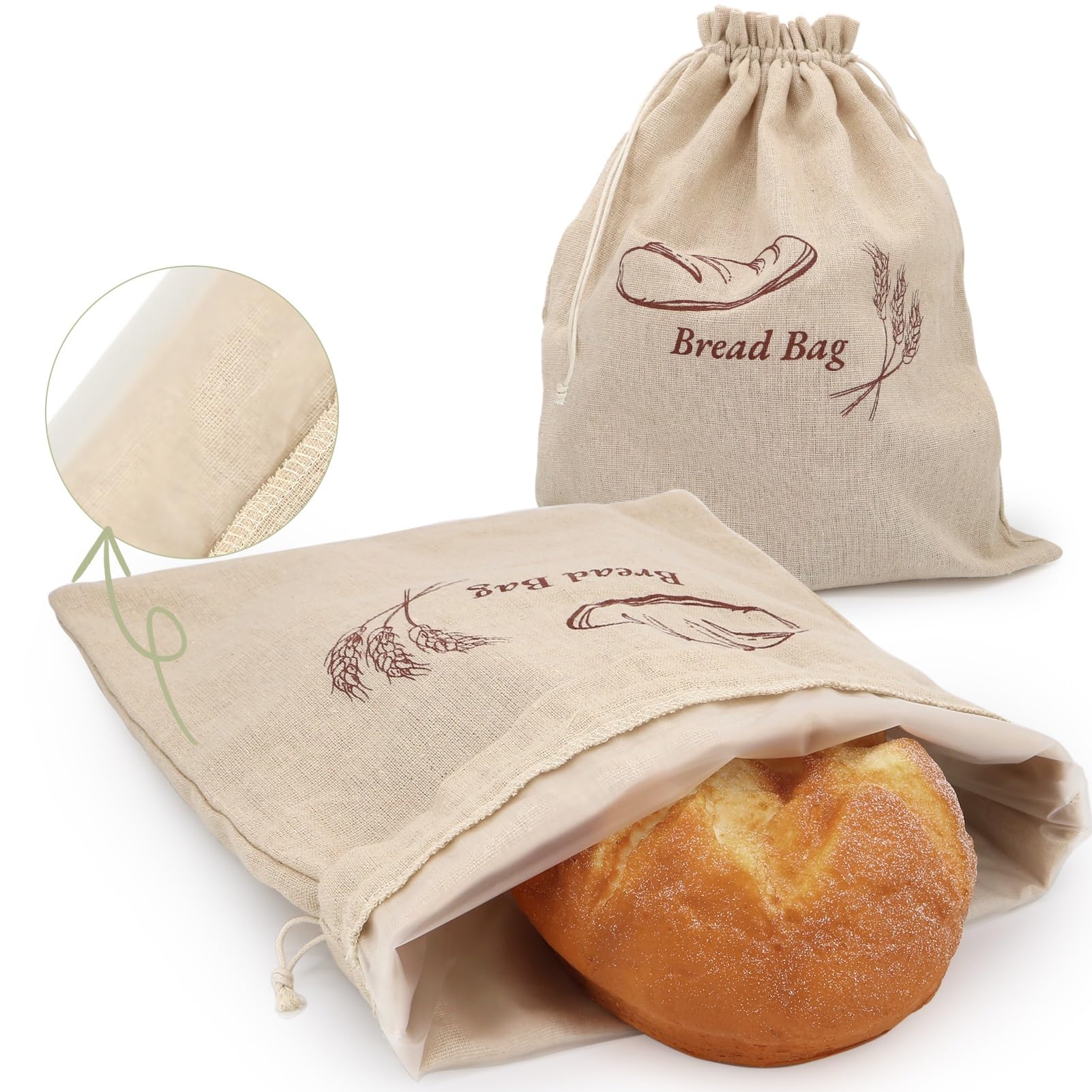 2-Pack Reusable Linen Bread Bags for Homemade Sourdough | Durable Bread Storage with Plastic Liner | Perfect Gift for Home Bakers (12