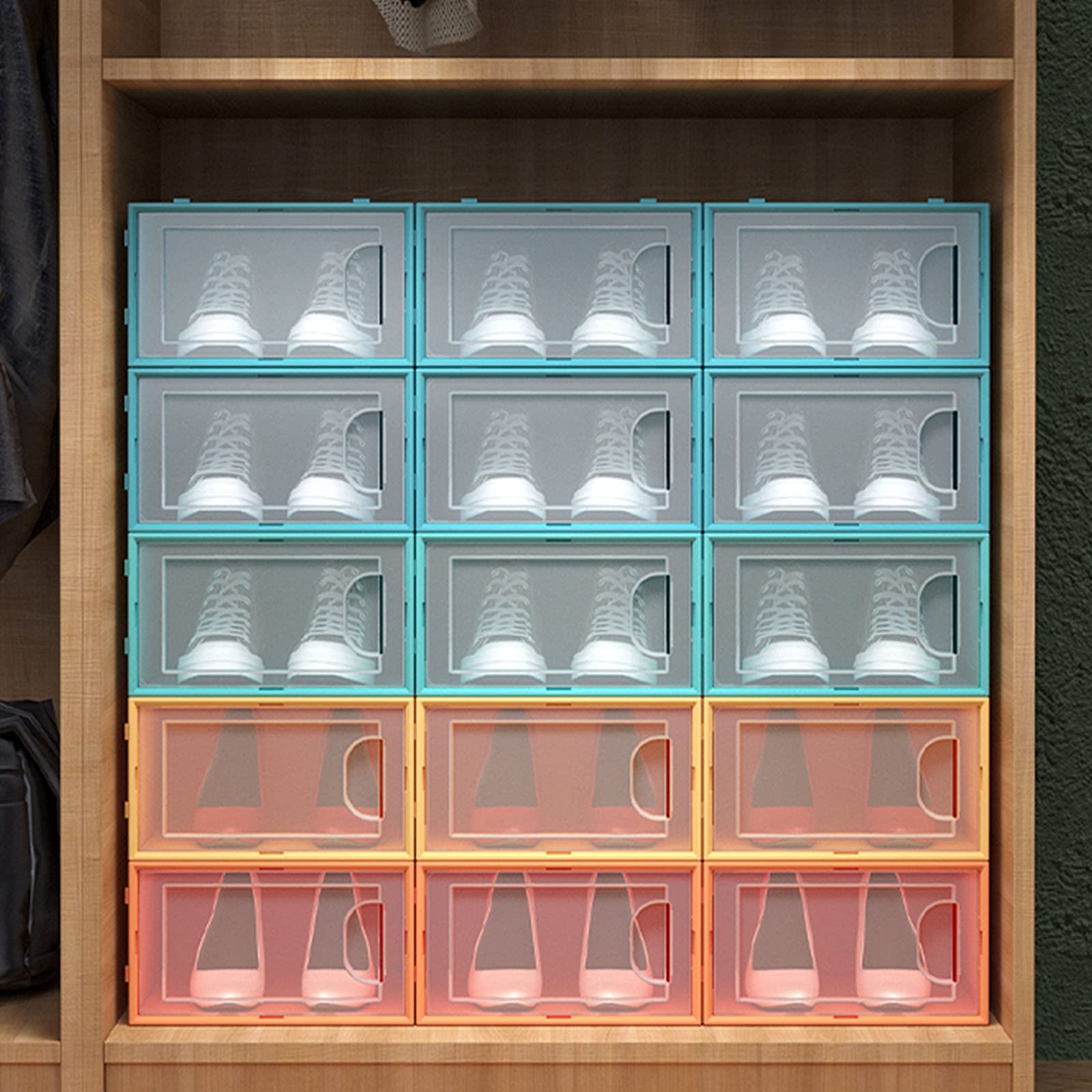 SUNDAY HOME Plastic Stackable Shoe Storage Boxes - 12-Pack Clear Door Shoe Organizer for Closet, Sneaker Display Cabinet | Perfect for Bedroom, Closet & Entryway Organization (Orange)