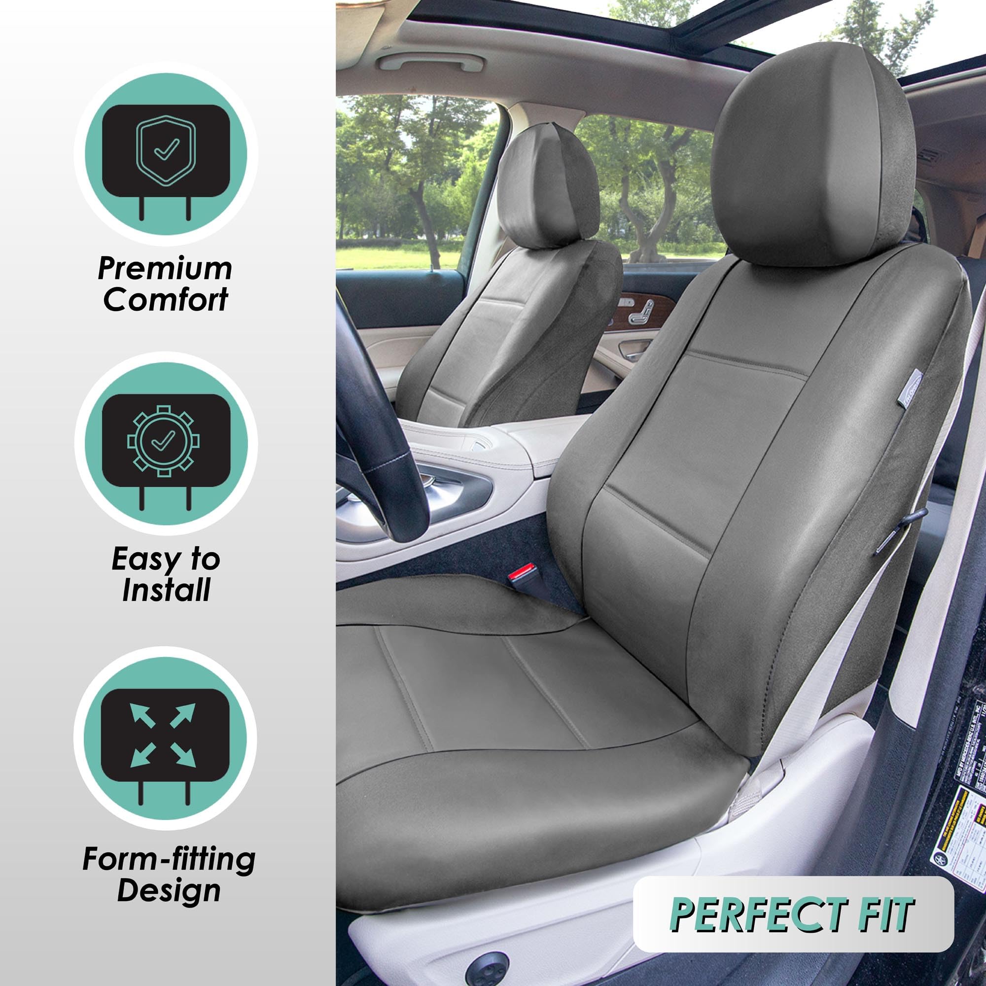 Premium FH Group PU Leather Car Seat Covers Full Set - Universal Fit for SUV, Sedan & Trucks | Airbag Compatible, Split Bench Design | Low Back Front & Rear Seat Protection | Durable Solid Gray Automotive Interior Accessories | Perfect for Daily Commute, Road Trips & Family Travel