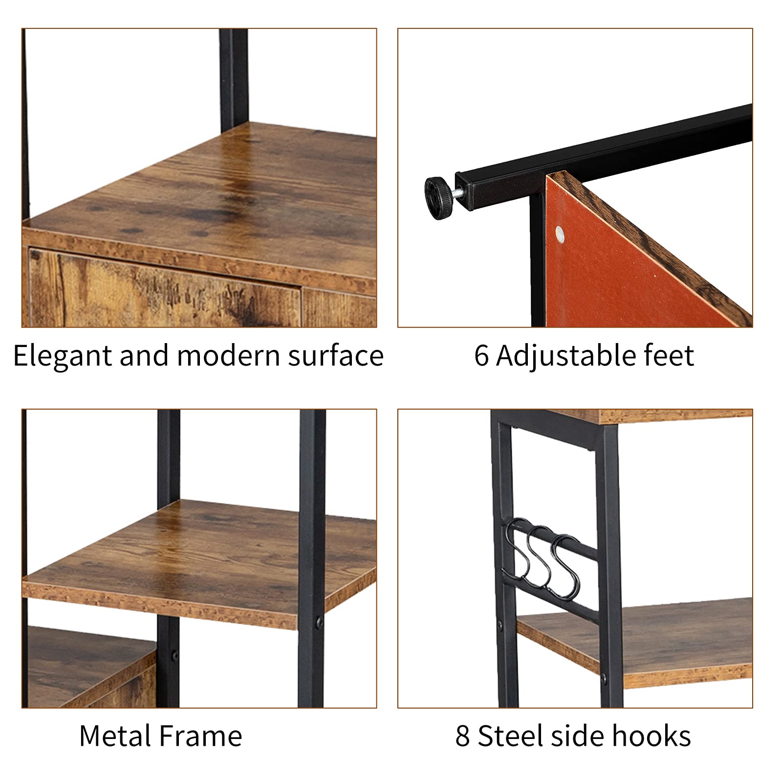 4-Tier Microwave Storage Rack - Metal Kitchen Organizer with 8 Hooks & Wine Storage - Space-Saving Standing Shelf for Microwave, Oven, Baker's Workstation - Perfect for Small Kitchens & Pantry Organization