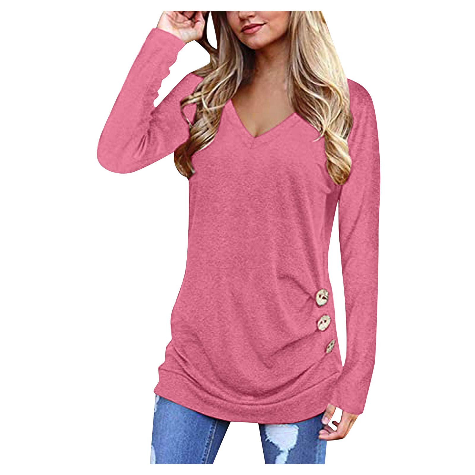 Women's Long Sleeve V-Neck Blouse Tunic - Loose Fit Button Down Patchwork Pullover Shirt with Trim Details for Weightlifting, Workout & Casual Wear