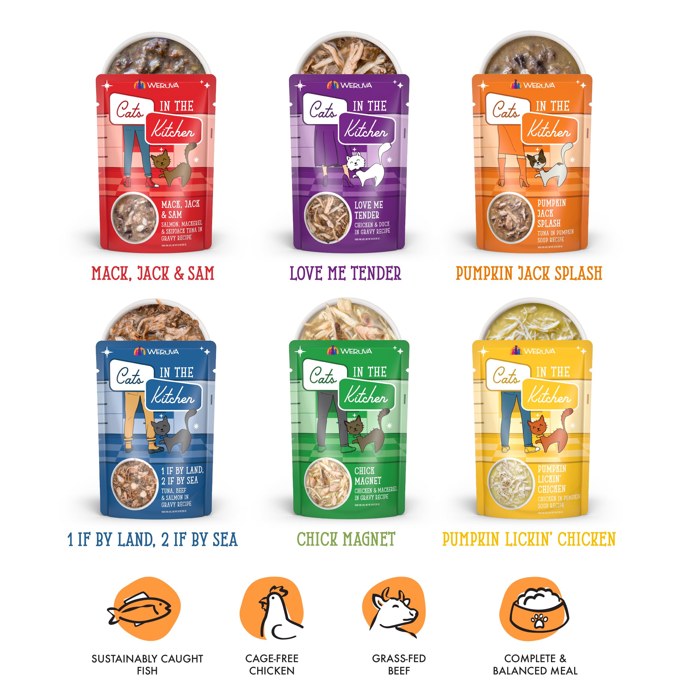 Weruva Cats in the Kitchen Pantry Party Pouch Variety Pack - Grain-Free Wet Cat Food in Gravy, 3oz Pouch (Pack of 12) - High Protein, Natural Ingredients for Adult & Senior Cats - Perfect for Mealtime, Travel & Hydration Boost