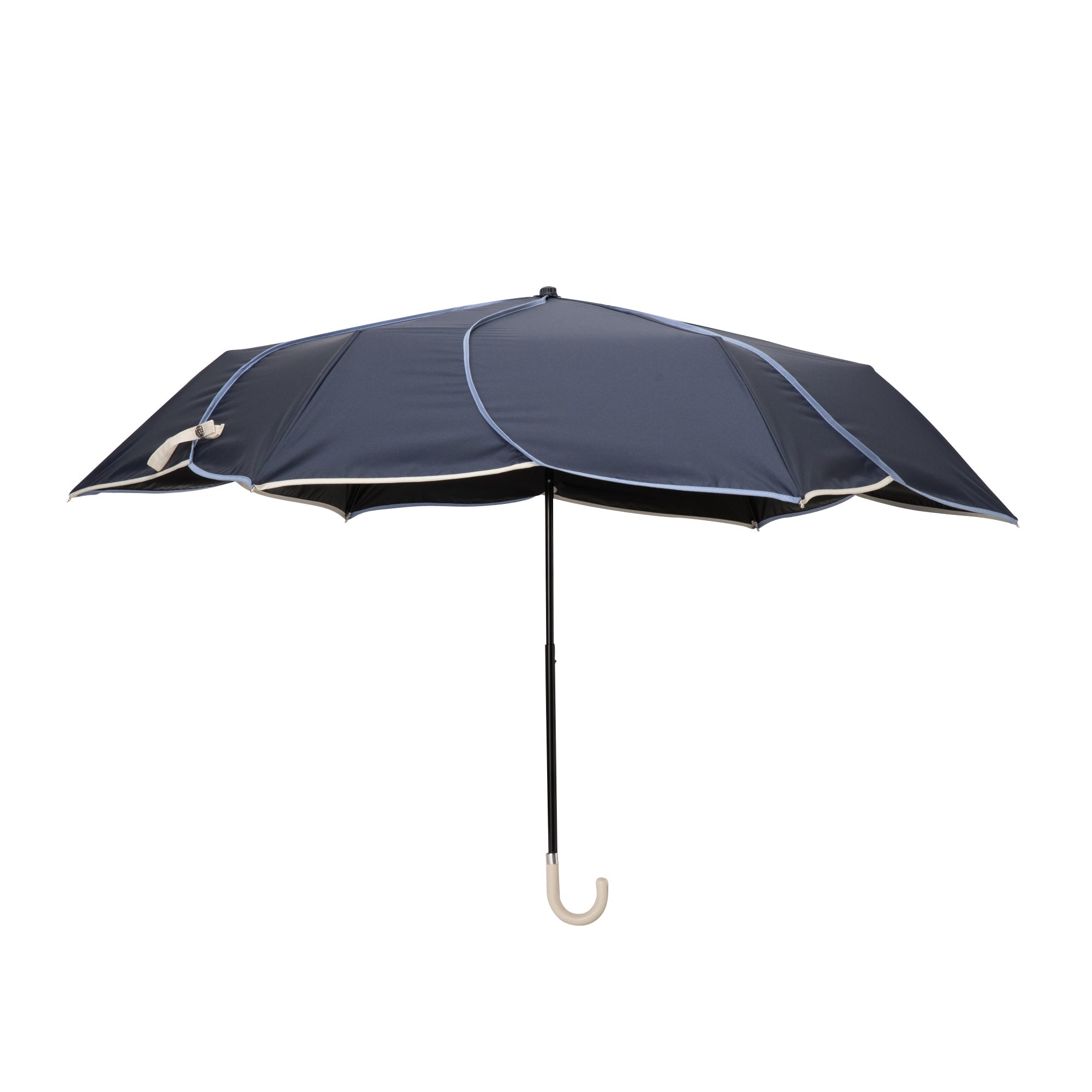 Bicolor Piping Compact Parasol Umbrella - Navy Blue & White Striped Sun Shade for Outdoor Beach, Garden, and Patio Use