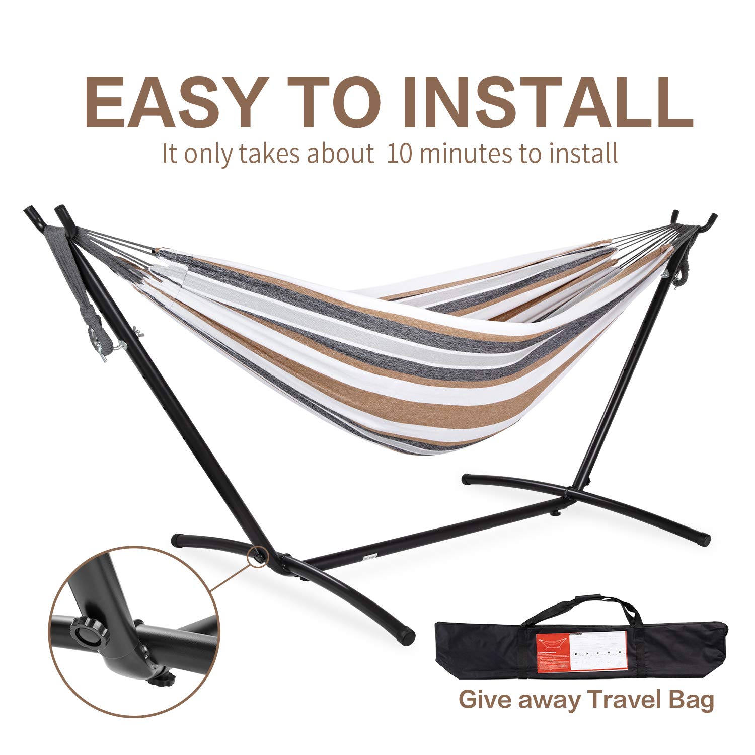 Premium Double Hammock with Space-Saving Steel Stand - 450lb Capacity for 2 Adults - Heavy Duty Outdoor Garden & Yard Hammock with Portable Carrying Bag (Coffee Brown) - Perfect for Backyard Relaxation, Camping Trips and Beach Vacations