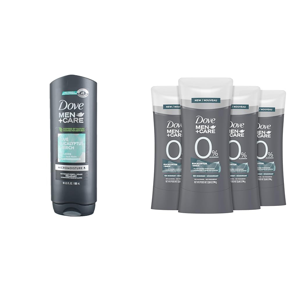 DOVE MEN + CARE Body Wash & Deodorant Stick Set - Blue Eucalyptus & Birch Scent (4 Count) - Hydrating Dry Skin Formula, Aluminum-Free Deodorant for Men - Refreshing Shower & Post-Workout Care