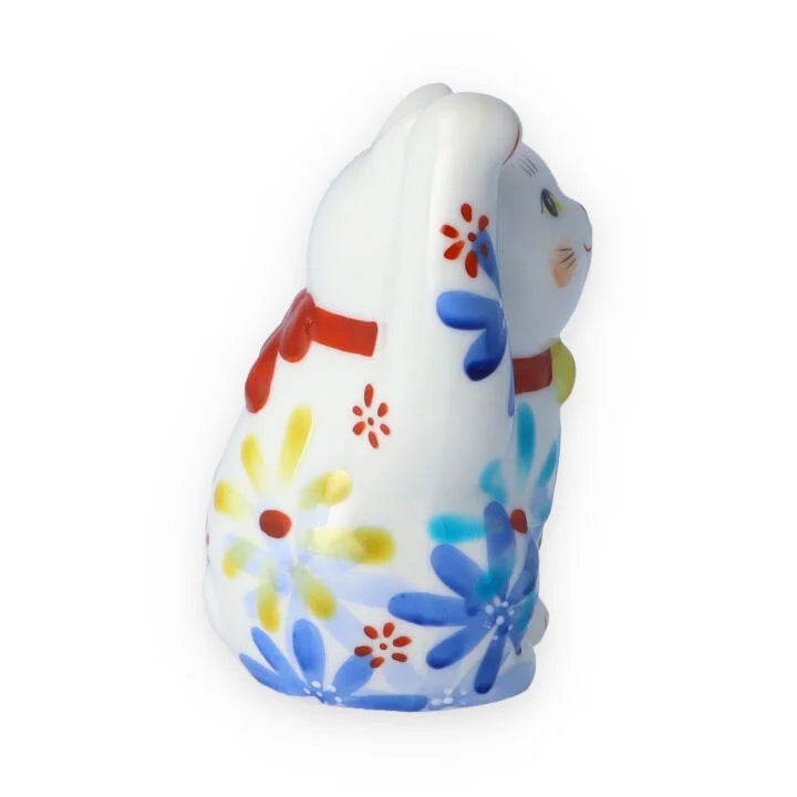 Authentic Kutani Yaki Japanese Maneki Neko Lucky Cat Figurine - Blue Floral Design | Handcrafted Ceramic Beckoning Cat for Home Decor, Office Feng Shui & Japanese Culture Enthusiasts