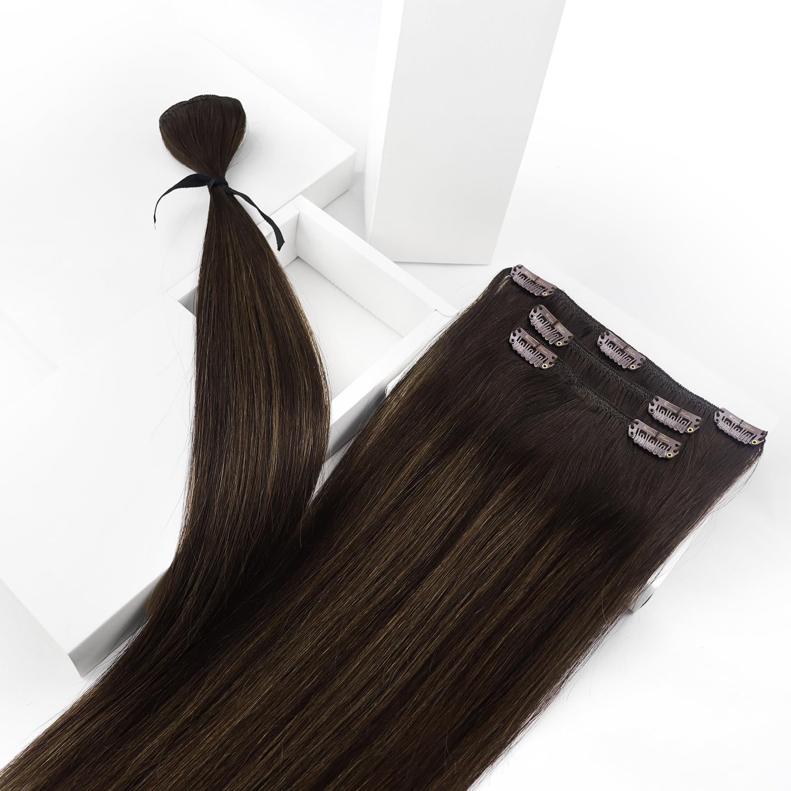 Ve Sunny 22 Inch Clip-in Human Hair Extensions - Balayage Brown Remy Hair Weft (120g, 7Pcs) for Volume & Length | Perfect for Daily Styling, Parties & Special Occasions