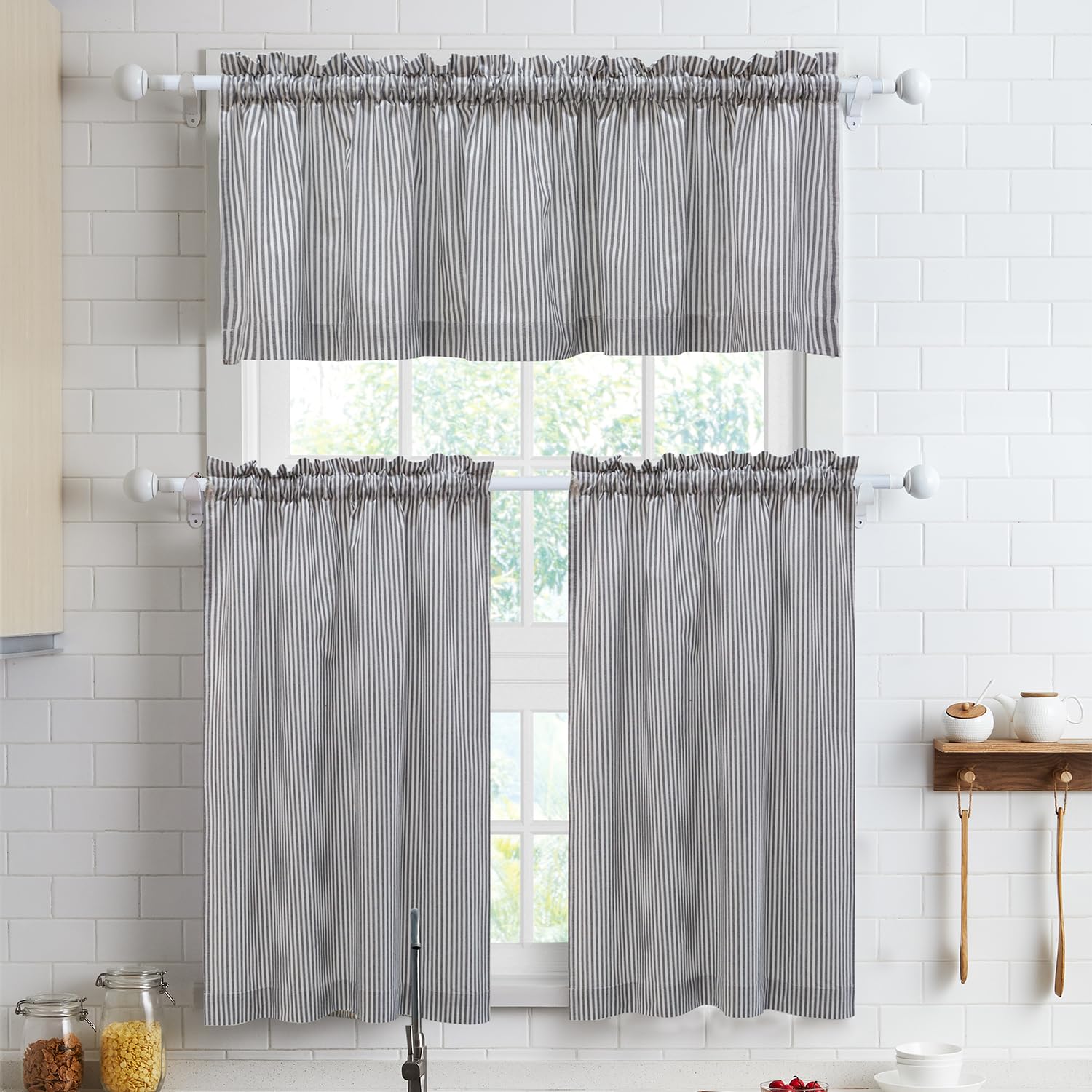 July Joy 3-Piece Cotton Tier Curtains Set - 36 Inches Long Farmhouse Style Kitchen & Bathroom Window Treatments with Rod Pocket, 56