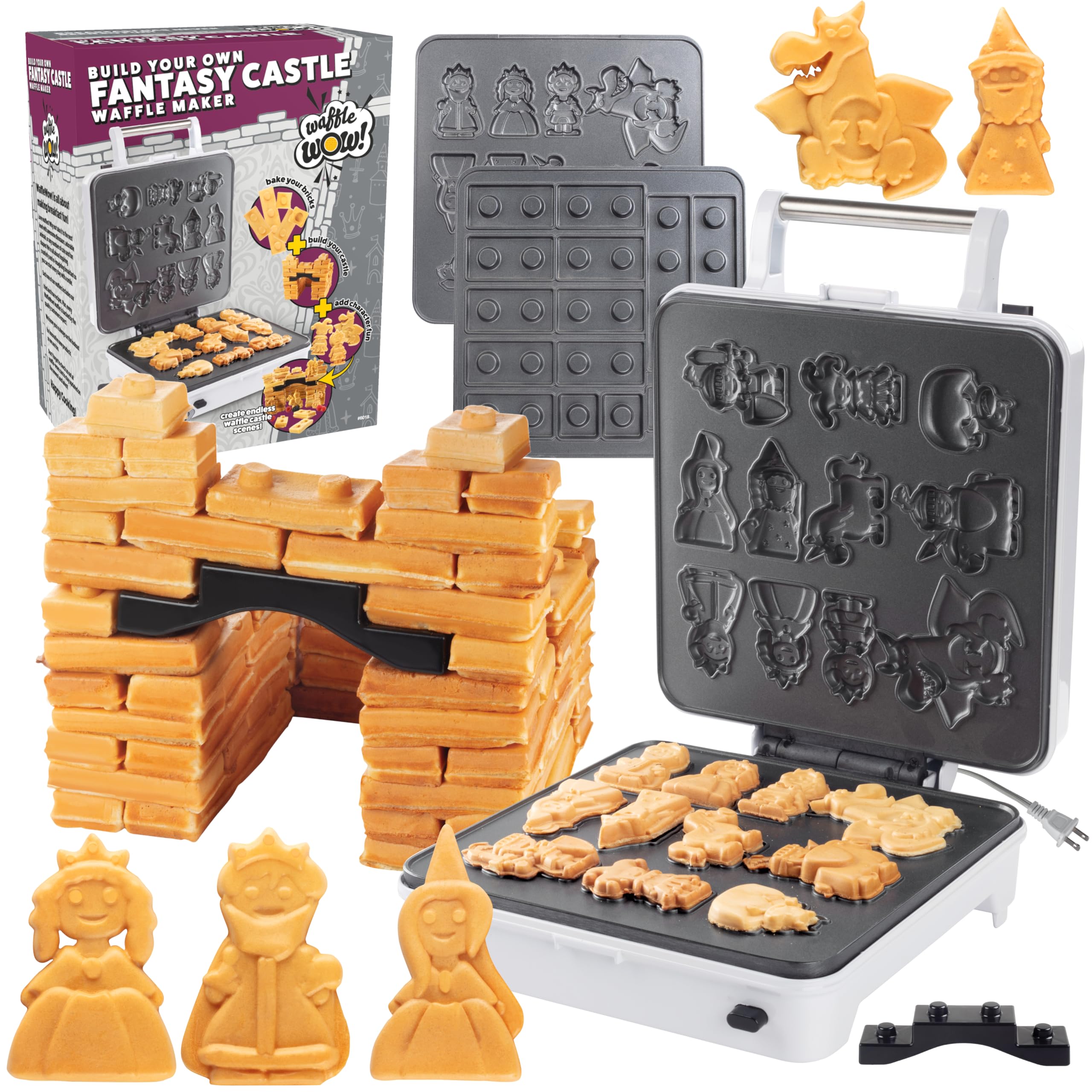Fantasy Castle Waffle Maker - Electric Nonstick Waffle Iron with 4 Removable Plates (Dishwasher Safe) - Create Fun Waffles & Pancakes in Brick, Knight, Princess & Dragon Shapes - Perfect Kids Gift for Birthday & Family Breakfast Time