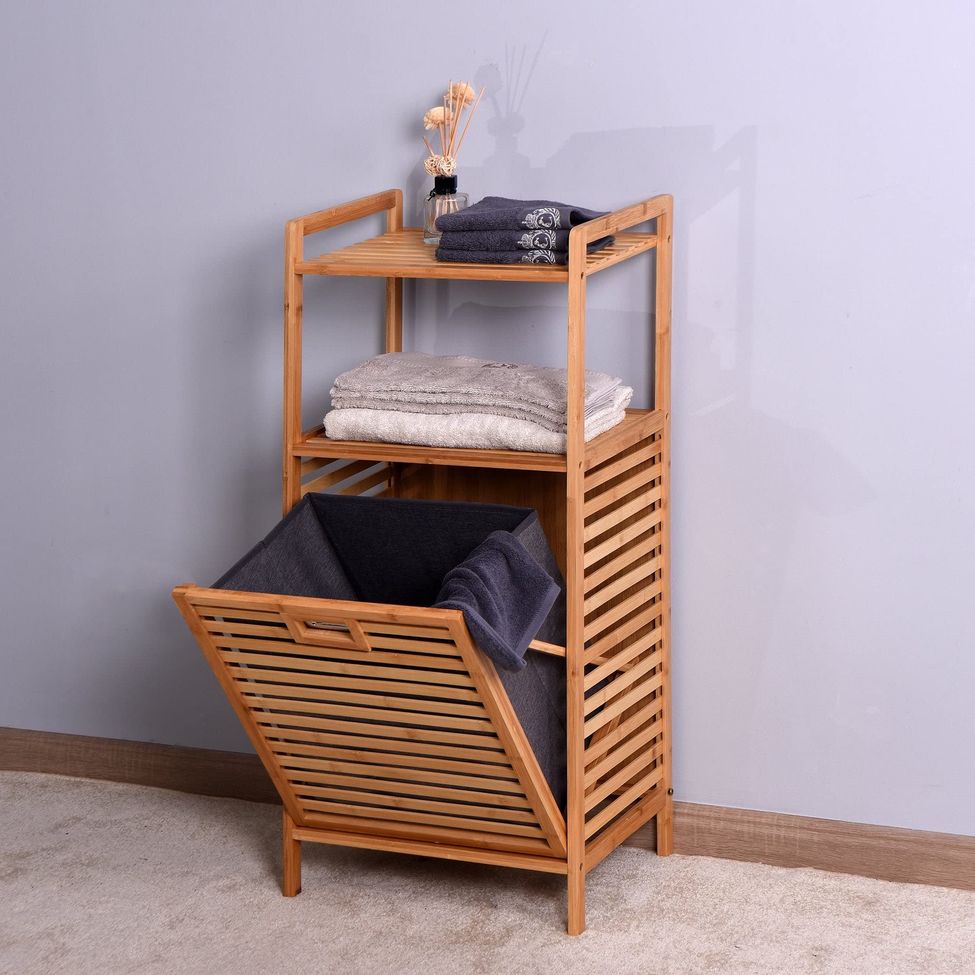 Brown Bamboo Bathroom Storage Basket with Drawer - Laundry Hamper Organizer for Bathroom, Bedroom, and Closet Organization