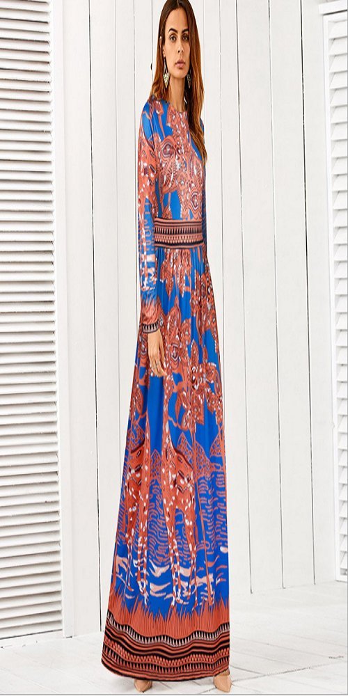 African Print Long Sleeve Maxi Dress - Women's Bohemian Floral Dress (Medium) for Beach Vacation, Summer Party & Casual Wear
