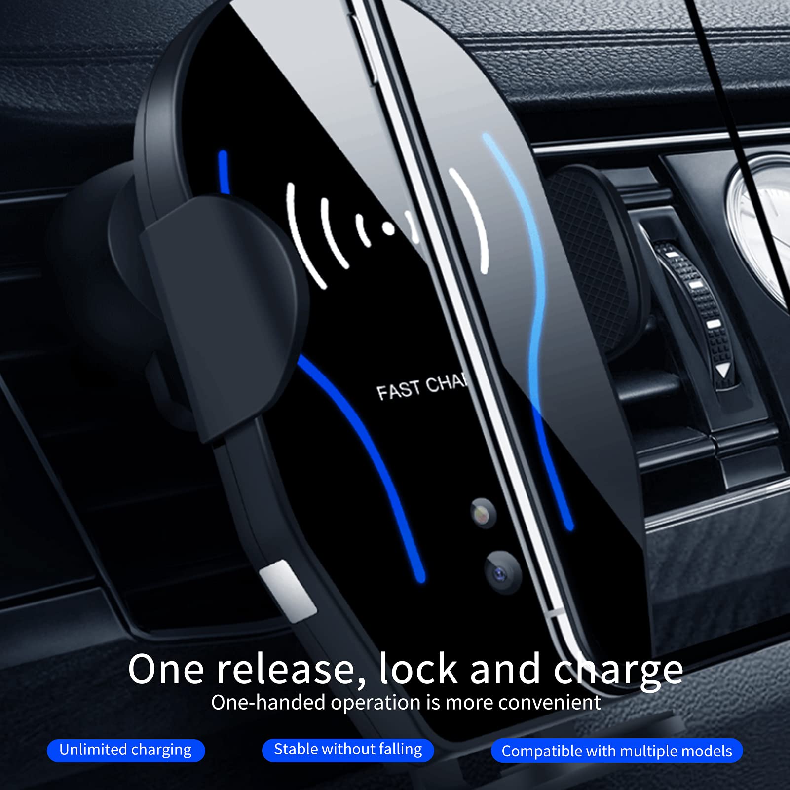 10W Fast Car Charger with Auto-Clamping Phone Holder - Universal 4.7-6.5