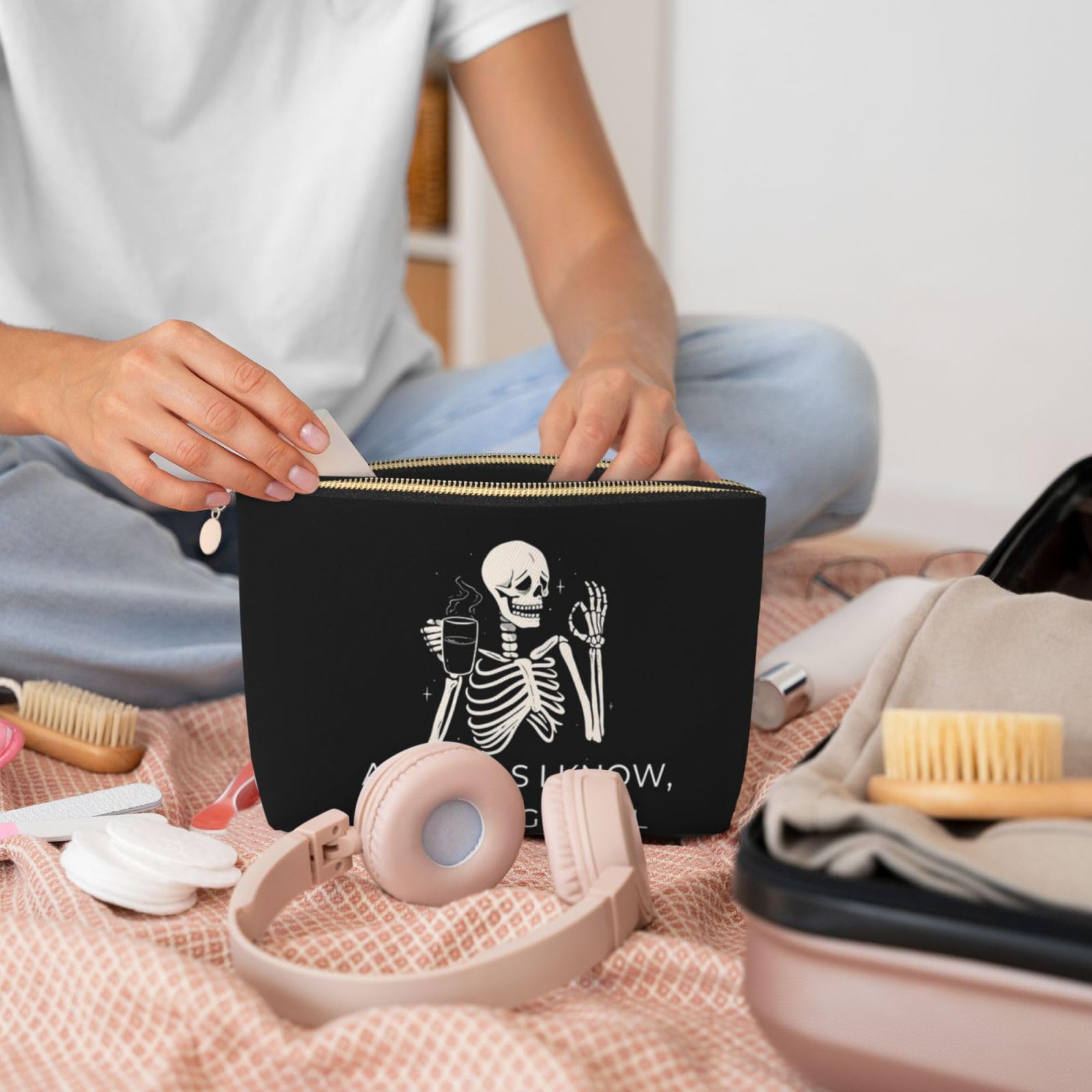 Waterproof PVC Leather Travel Makeup Bag with Zipper - Portable Cosmetic Organizer for Women & Girls, Aesthetic Skeleton Design - Perfect for Travel, Gym & Daily Use