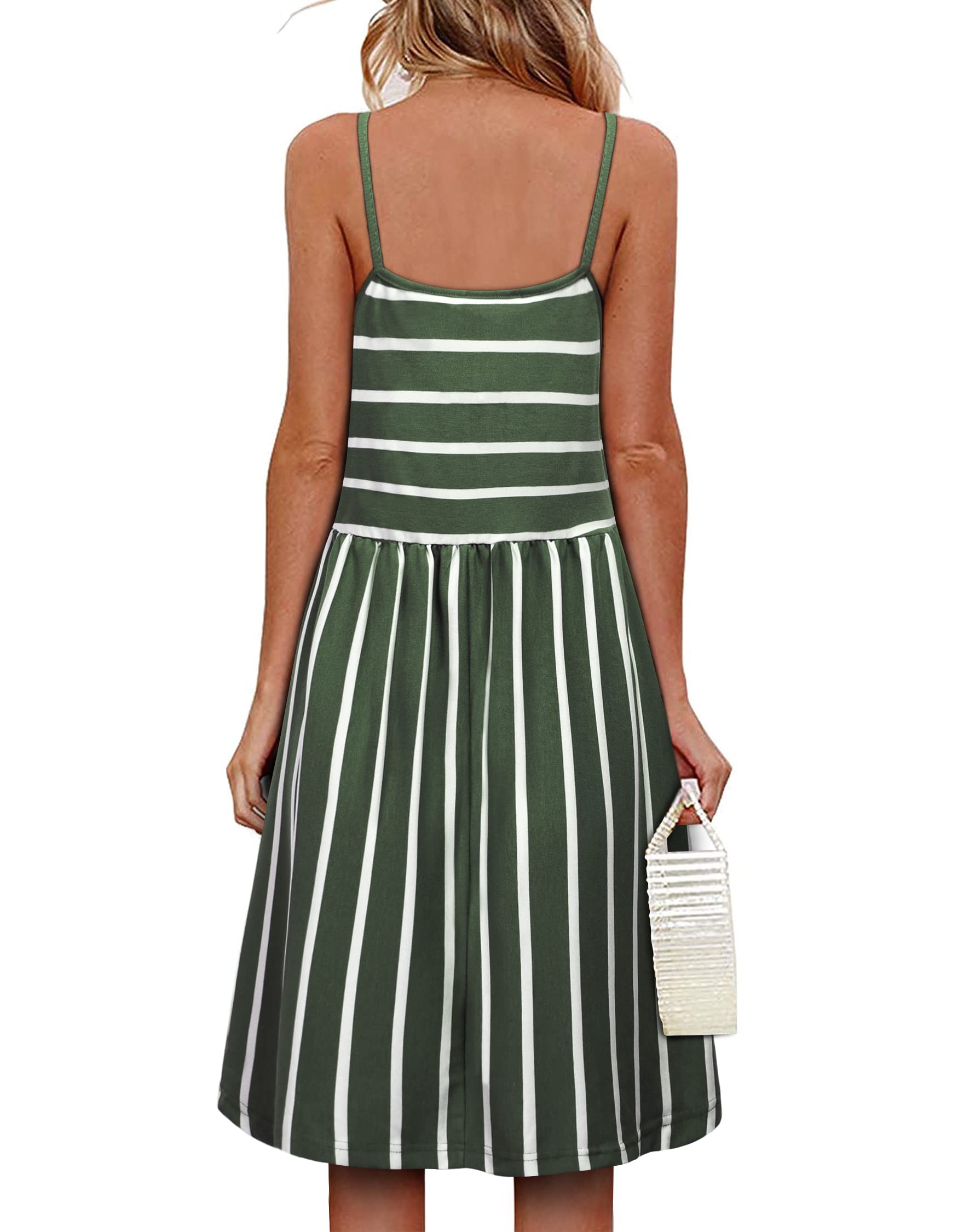 MOQIVGI Women's Spaghetti Strap Button Detail Pleated Summer Casual Stripe Dress - Flowy Beach Dress for Vacation, Date Night & Summer Outings