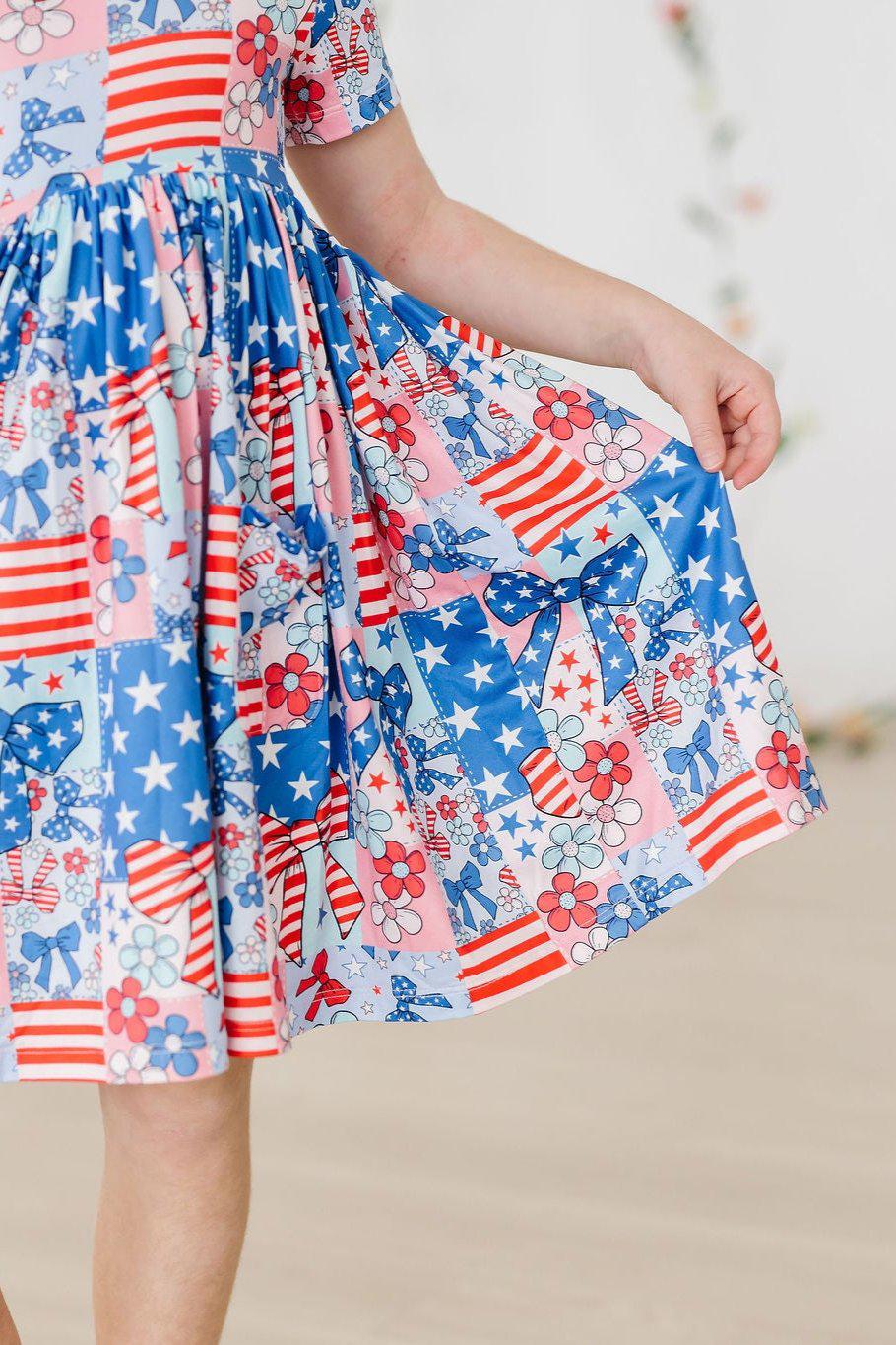 Patriotic Patchwork Short Sleeve Pocket Twirl Dress - Perfect for 4th of July, Summer Parties & Casual Outings