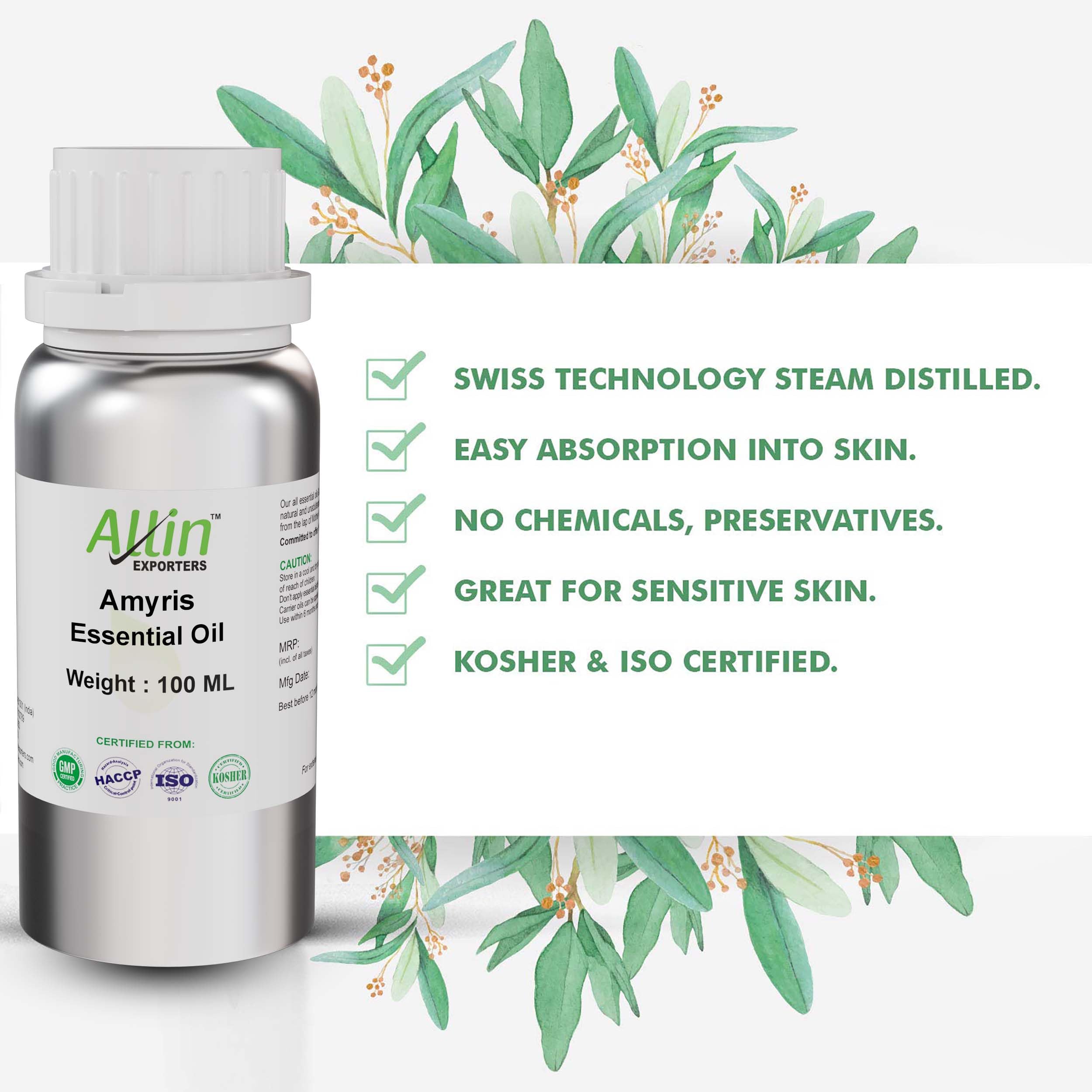 100% Pure Natural Amyris Oil - 100ml Undiluted Essential Oil for Skin Care, Hair & Aromatherapy | Moisturizing, Anti-Aging & Relaxation | Perfect for Massage, DIY Beauty & Diffuser Blends