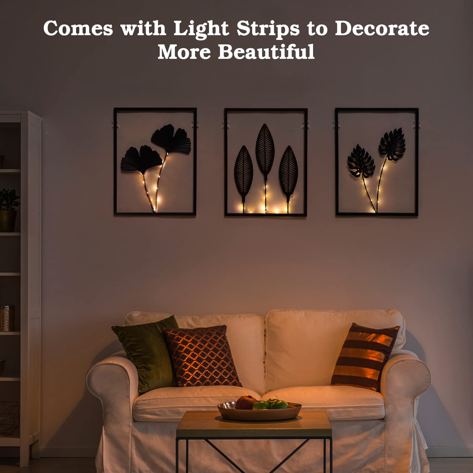 Phirown Metal Wall Art Set of 3 - Black Modern Farmhouse Wall Decor with LED Light Strips - Vertical Rustic Home Decor for Living Room, Bedroom & Office - Perfect for Accent Walls and Cozy Spaces