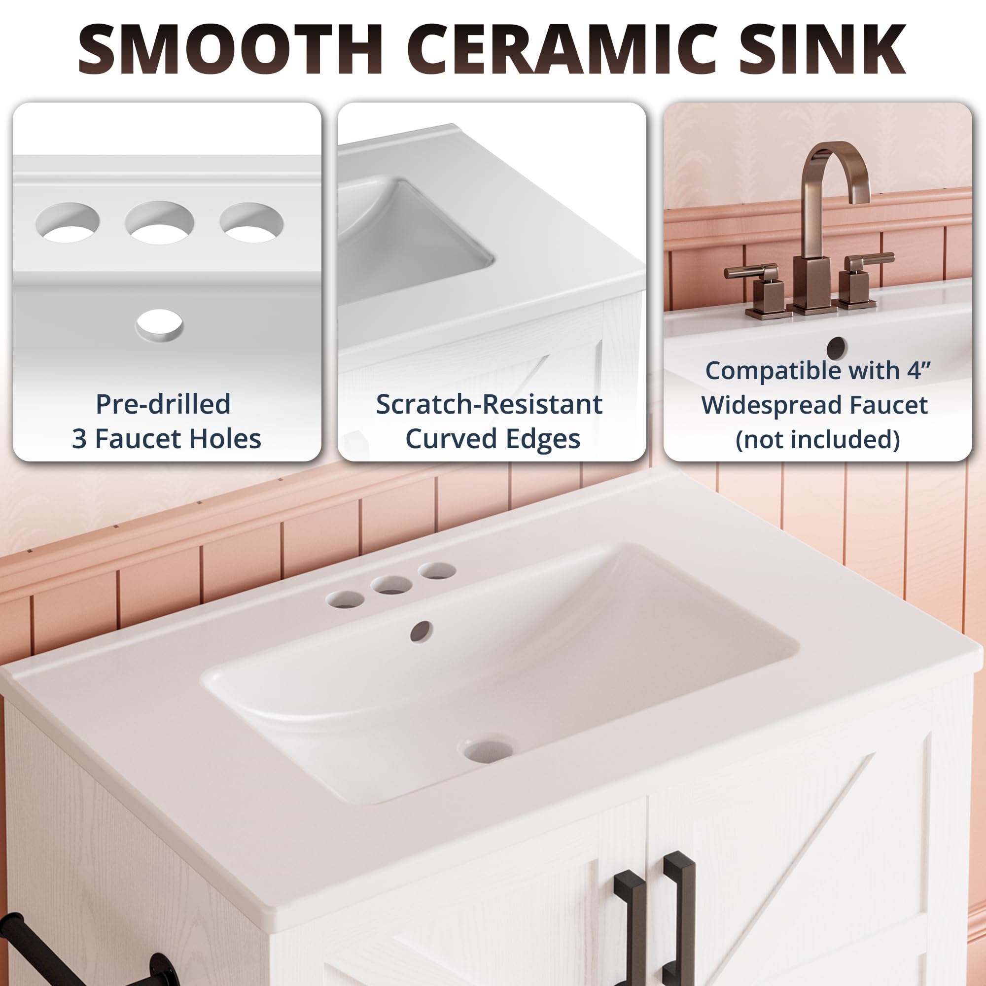 IRONCK 30 Inch Farmhouse Bathroom Vanity with Sink & Drawer - Easy to Assemble Bathroom Sink Cabinet for Modern Farmhouse, Rustic or Traditional Bathroom Decor | Perfect for Master Bath, Guest Bath or Powder Room