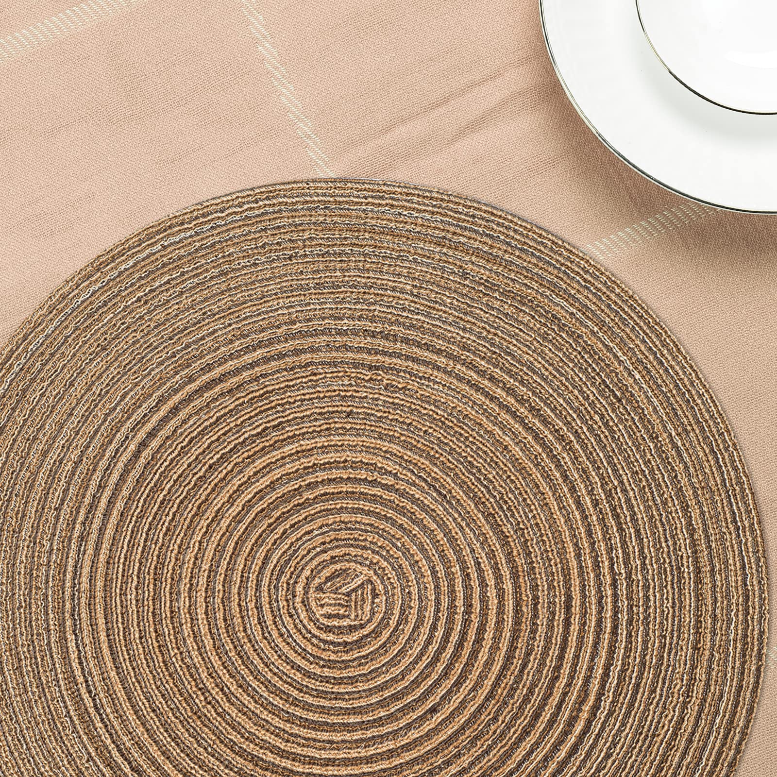 Natural Woven Round Braided Placemats Set of 6 - 15 Inch Heat Resistant Table Mats for Dining, Kitchen & Outdoor Use - Eco-Friendly Brown Home Decor